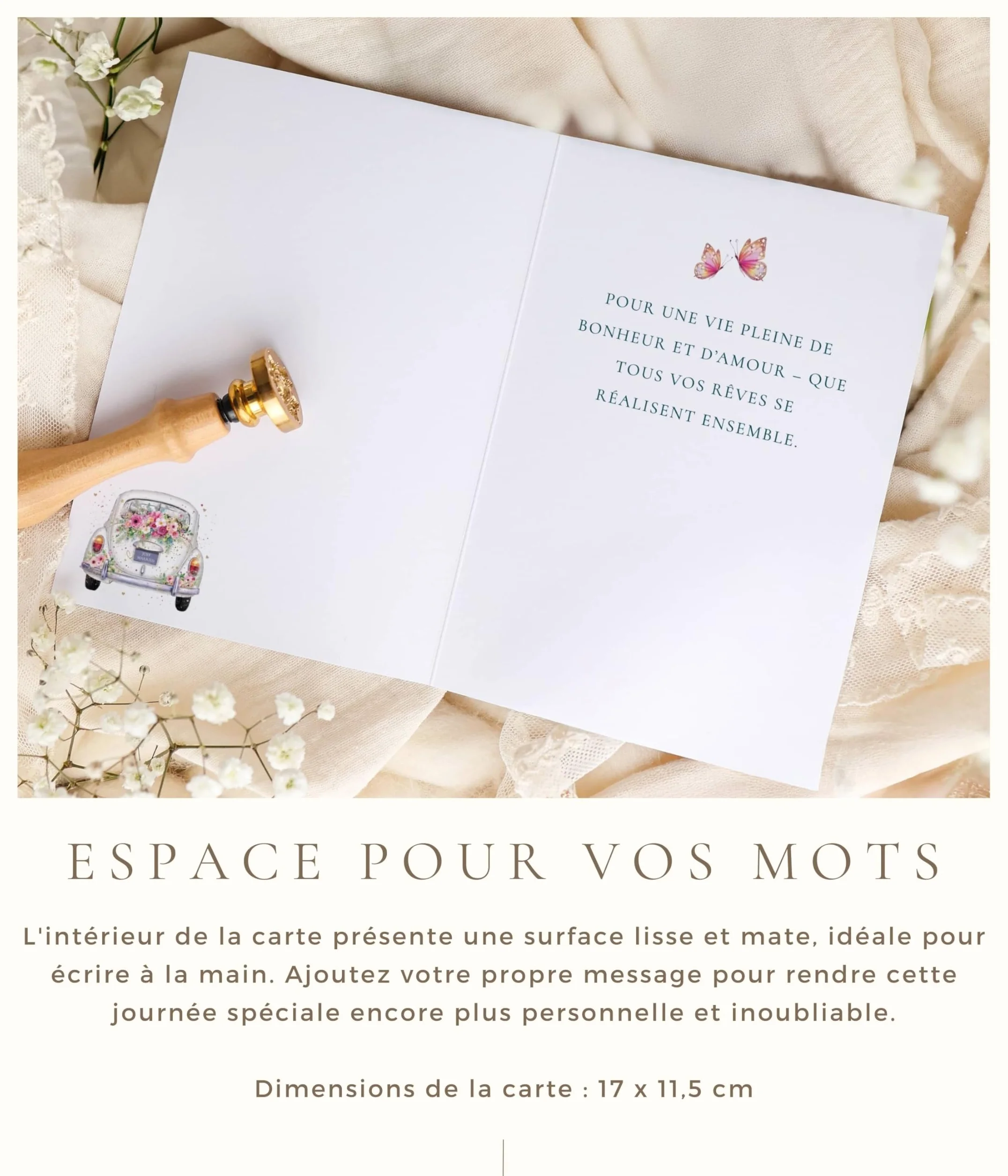 Joli Coon Papeterie Carte de mariage STARDUST – Carte de voeux mariage avec enveloppe en papier premium et cachet de cire - 17 x 11,5 cm