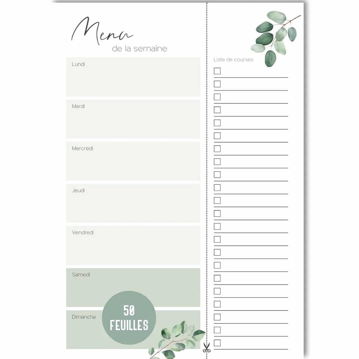 Planificateur de menus A5 Eucalyptus 50 feuilles Bloc de planification des repas