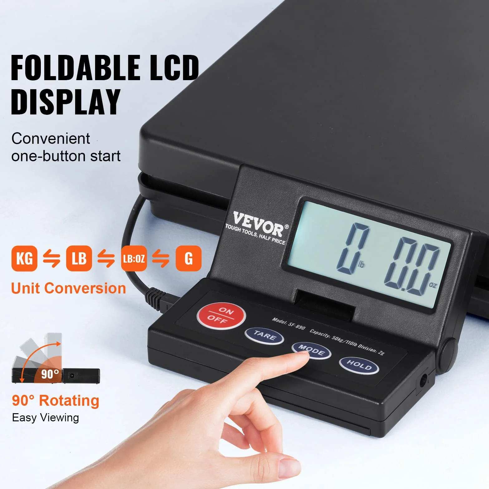VEVOR Balance Postale Numérique 50 kg Pèse-colis de Précision 2 g avec Tare Maintien Écran LCD Pliable 90°