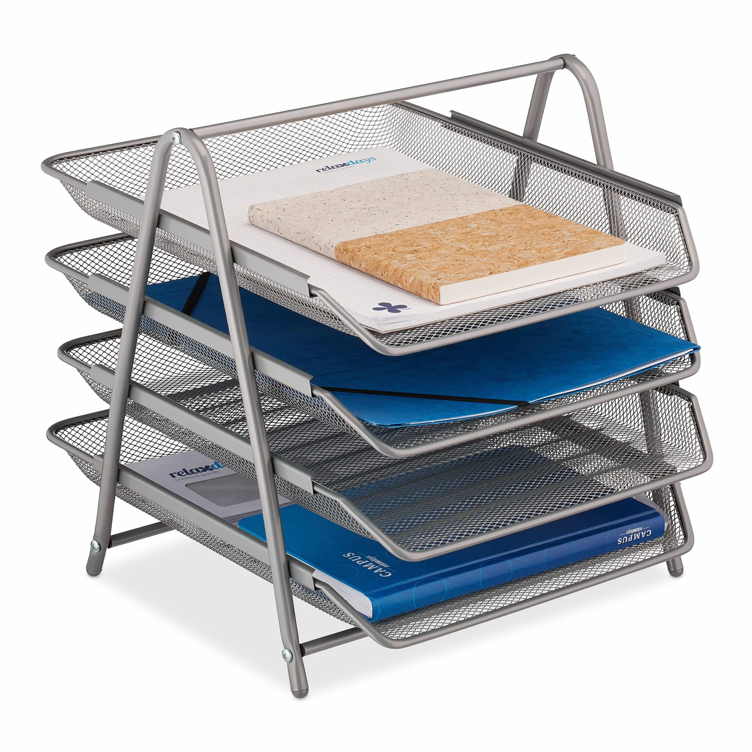 Relaxdays Porte-courriers Range-Documents A4 4 Compartiments 32,5 x 30 x 35 cm Maille argenté