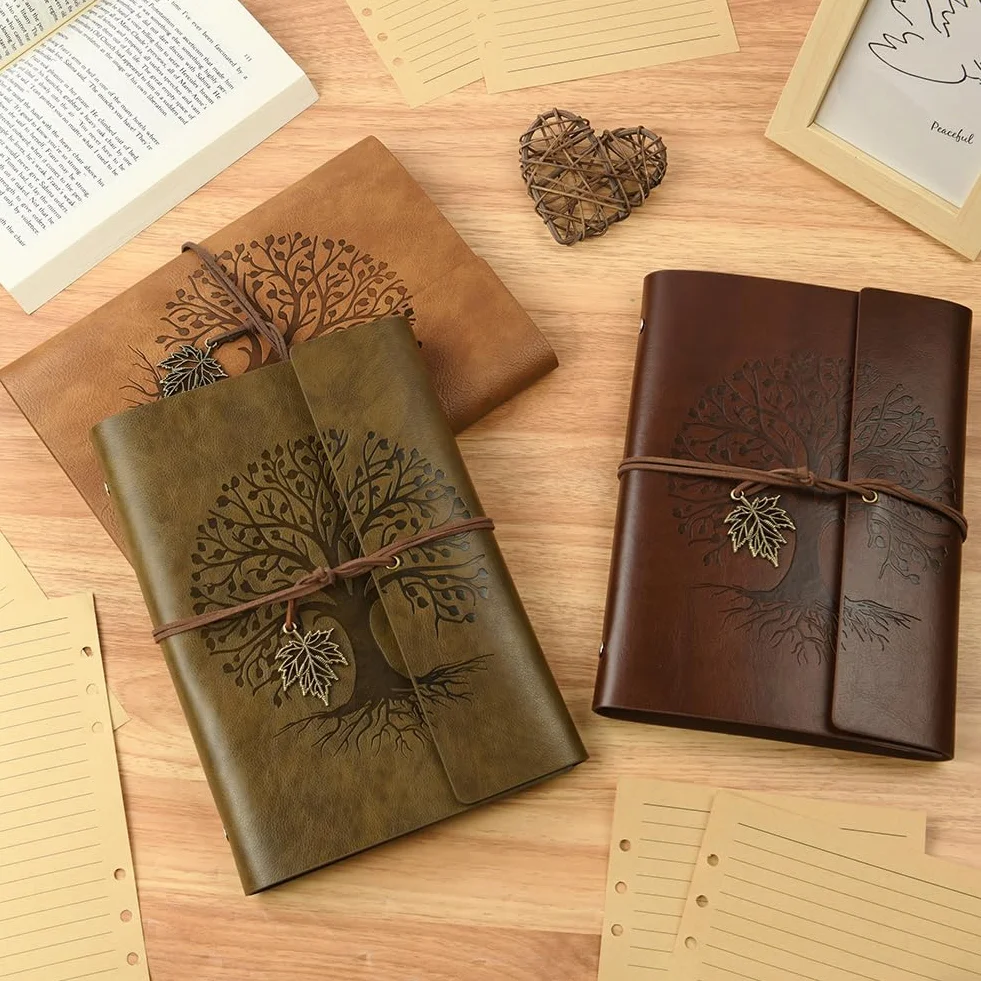 Carnet De Voyage A5 Cuir Synthétique Rechargeable Spirales Papier Kraft Ligné Pendentifs Vintage Journal Intime