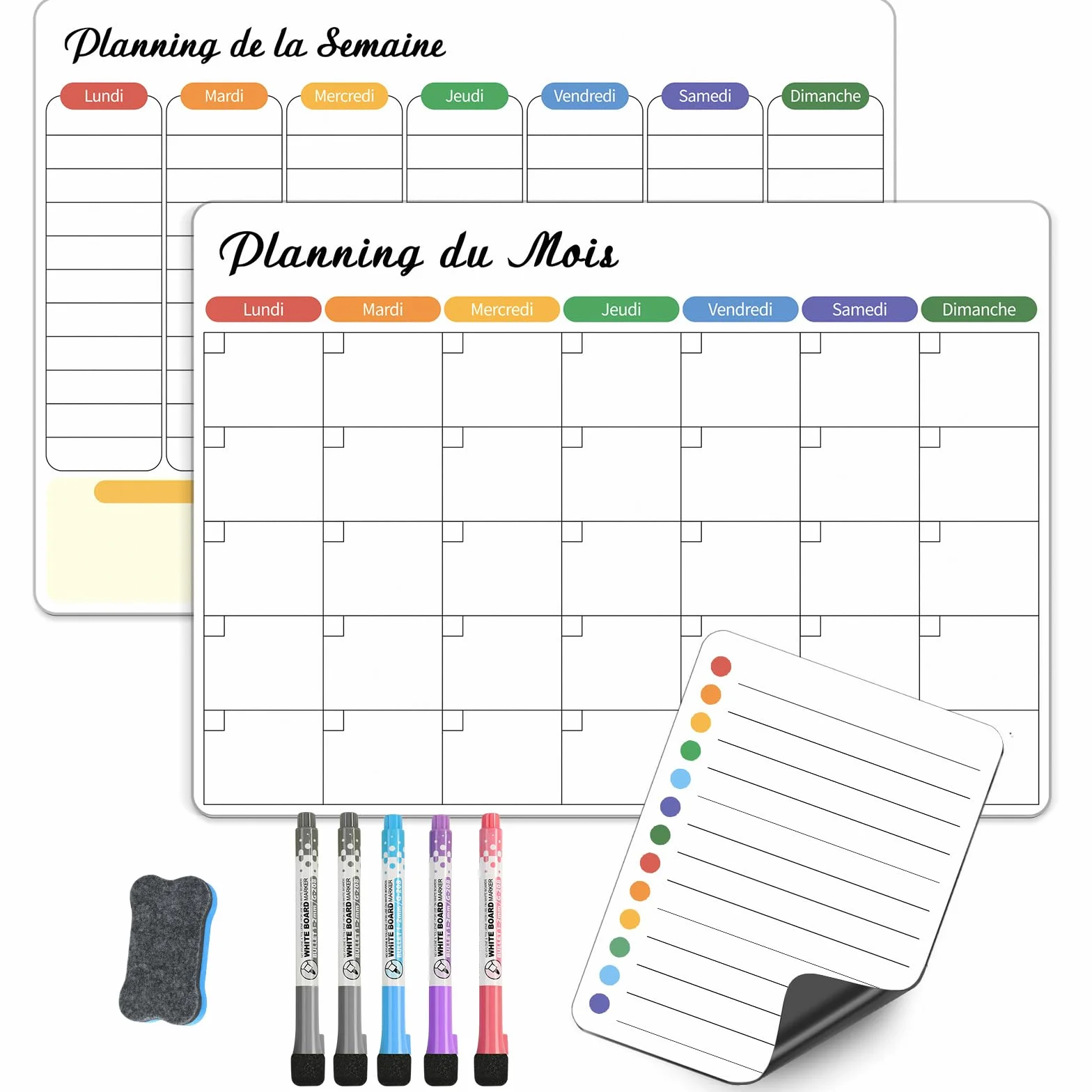 Plannings Frigo Magnétiques Effaçables – Semainier, Mensuel & Journalier – Organisation Famille, Menus & Tâches – Kit Réutilisable