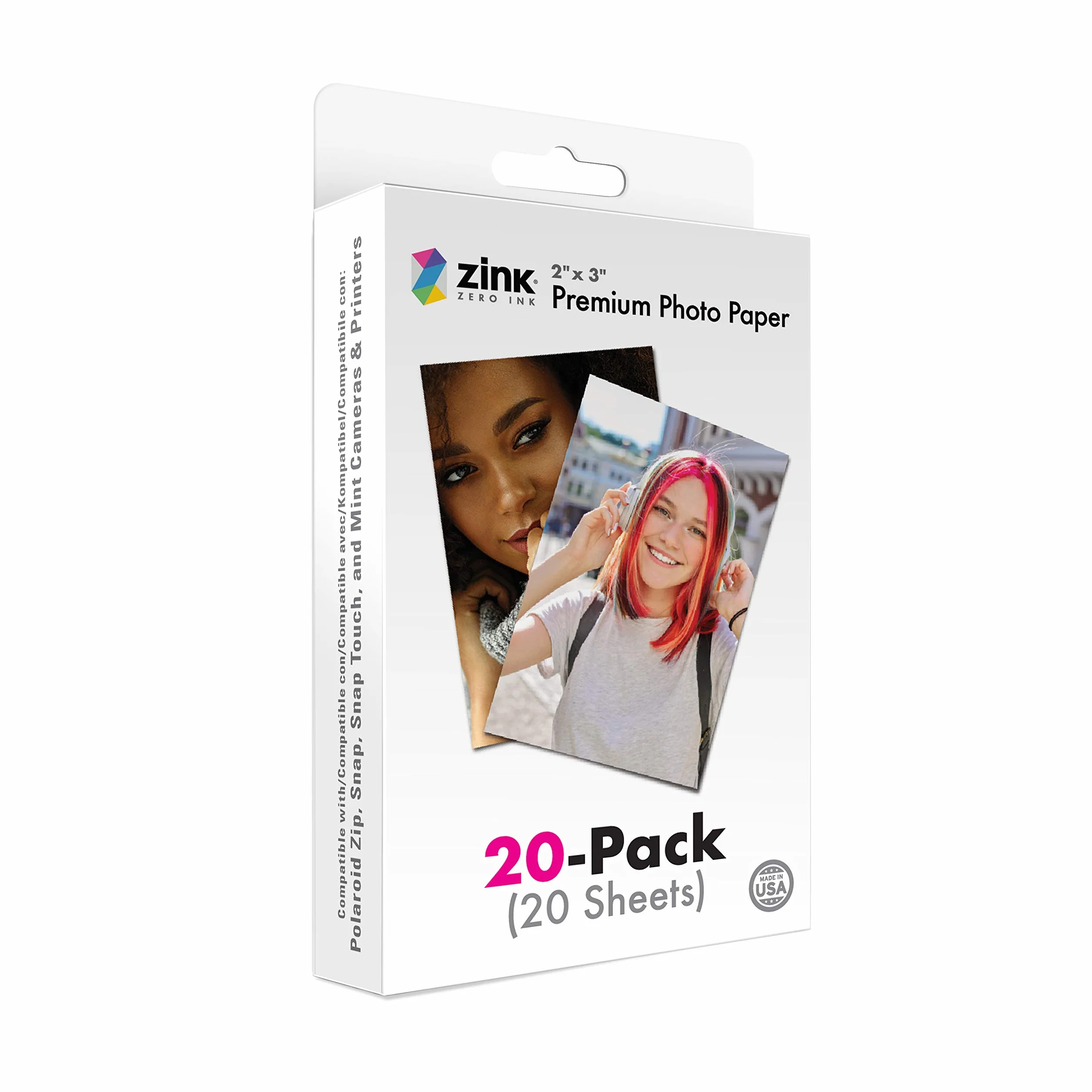 Papier photo Zink 2 x 3 pouces compatible Polaroid Snap, Snap Touch, Zip, Mint, paquet de 20, blanc