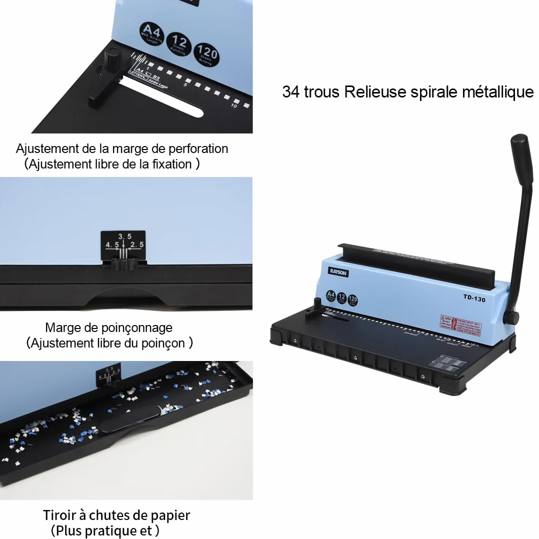 RAYSON Relieuse Spirale Métallique TD-130 34 Trous 120 Feuilles Pas 3:1 Consumabiles