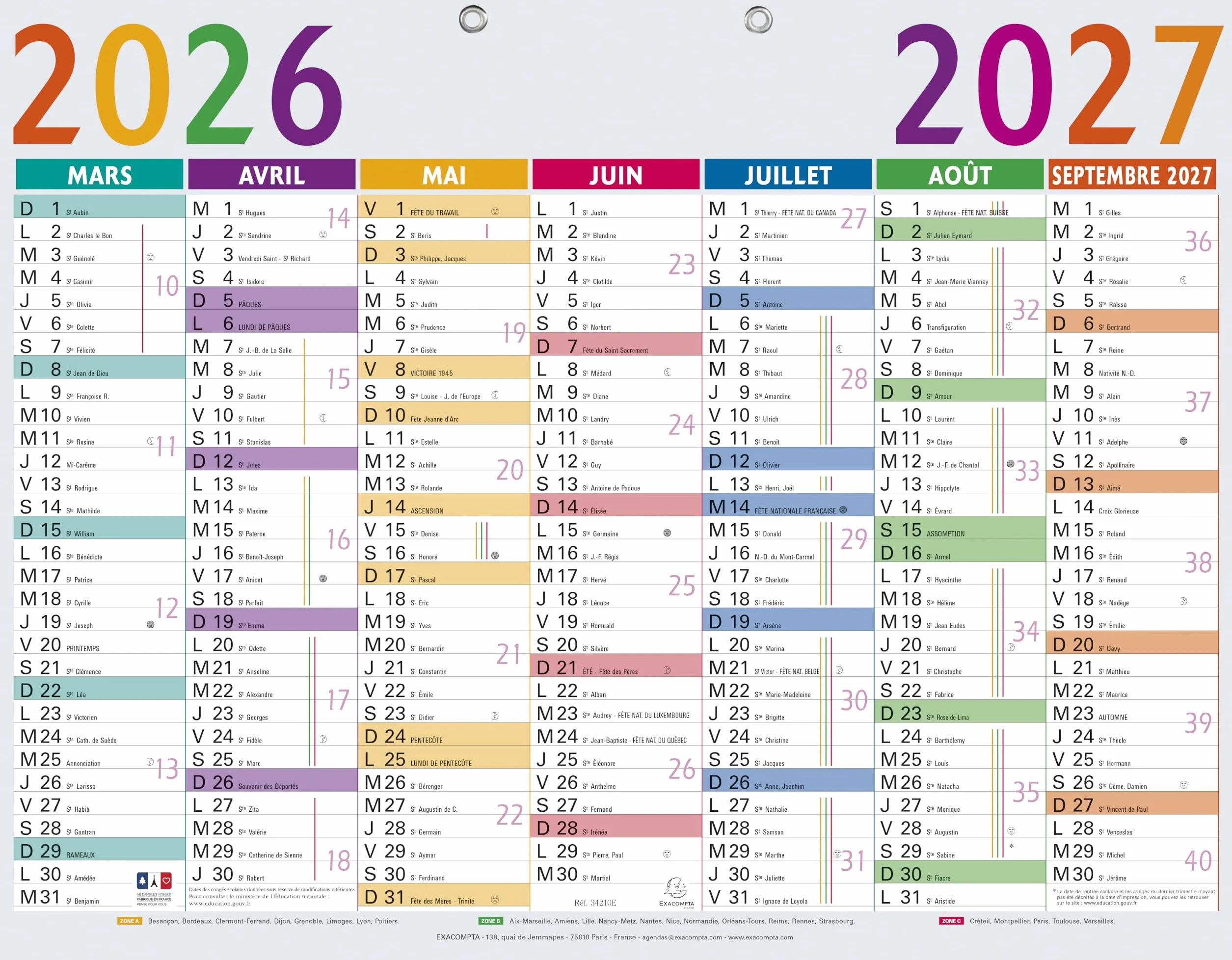 Exacompta Calendrier Multicolore 43 x 33,5 cm Septembre 2026/2027
