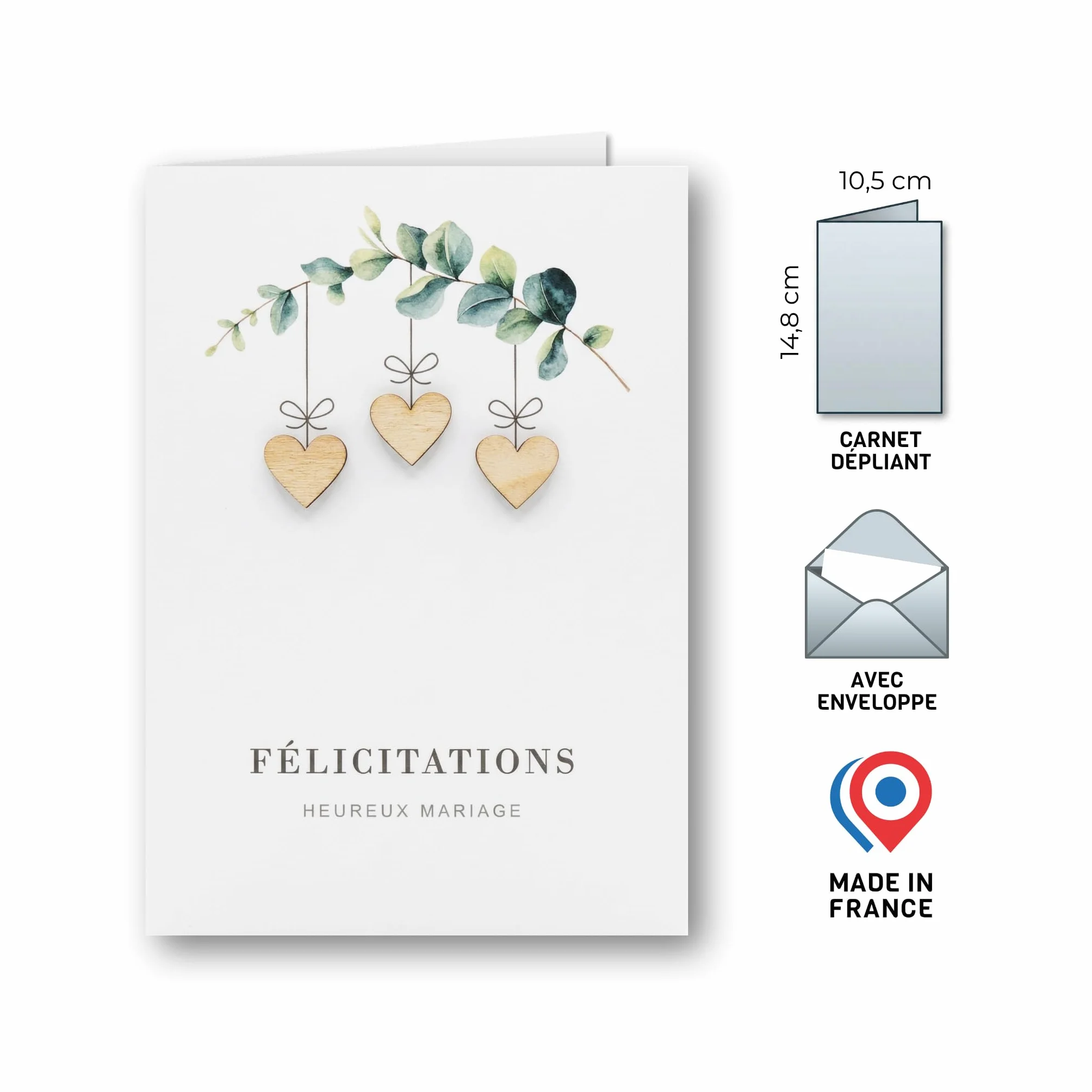 Carte Mariage Originale A6 Coeurs en Bois Enveloppe Incluse France