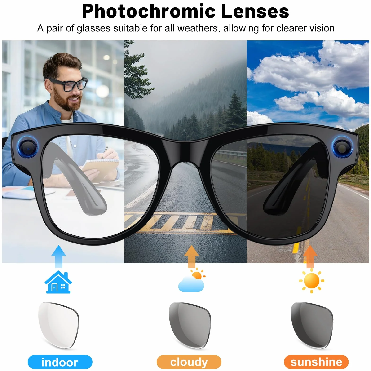 Lunettes Connectées 8MP 4K HD avec Traductrice IA, Verres Photochromiques, Bluetooth, Assistant Vocal