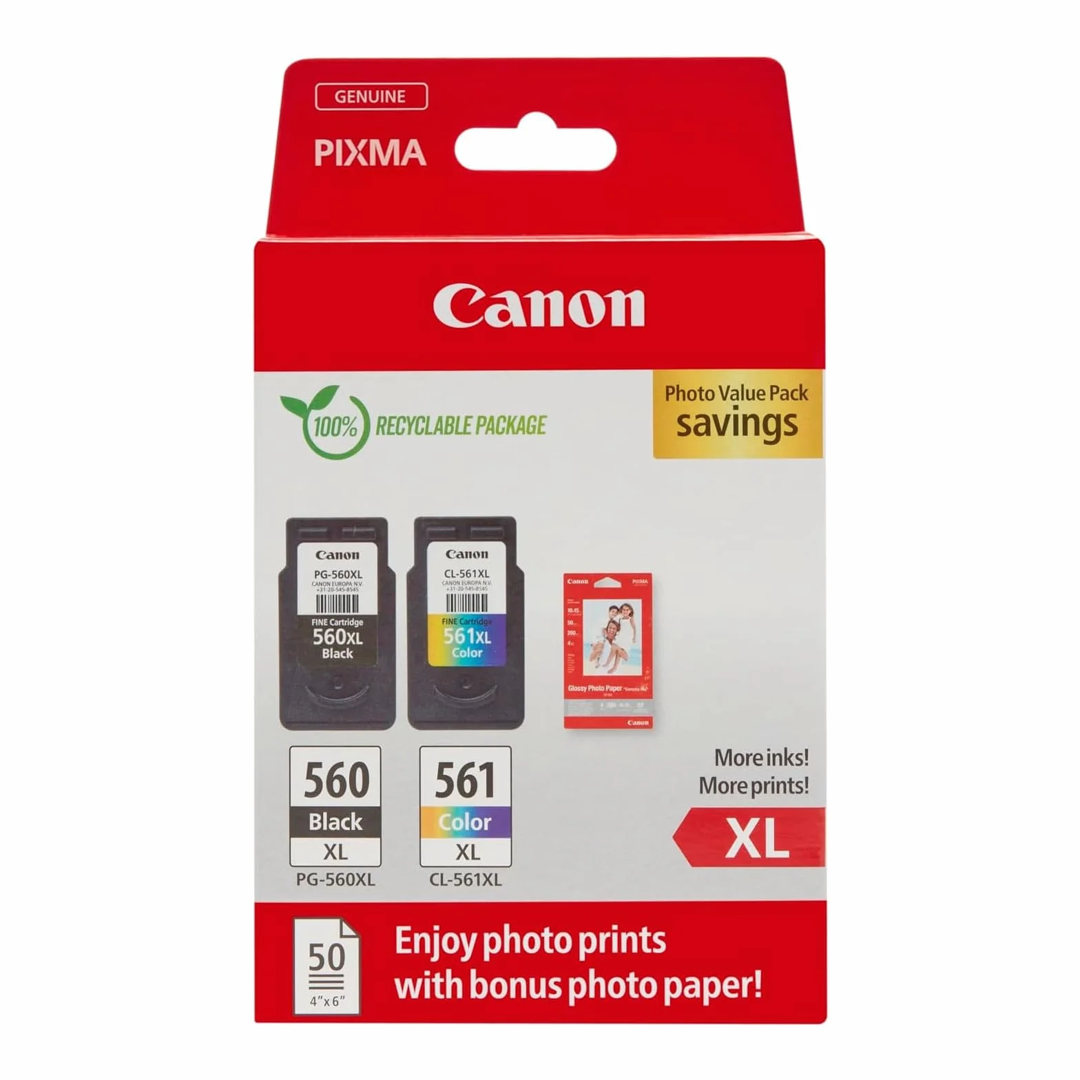 Canon Multipack Cartouche Encre & Papier PG-560XL/CL-561XL 2 Pack Noir XL Couleur XL 50 Feuilles Papier Photo 4x6
