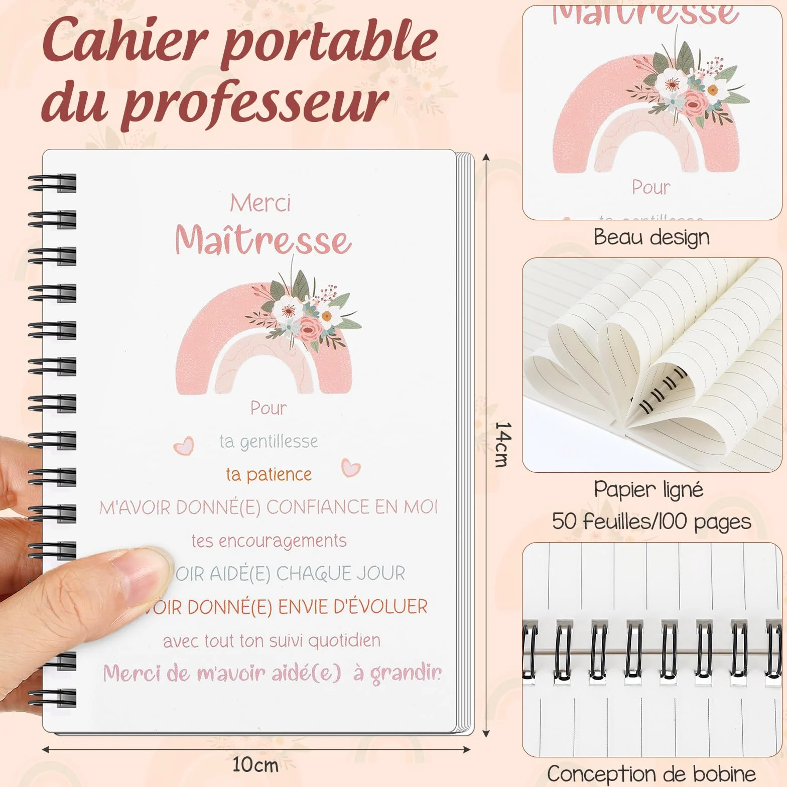 Sinmoe 3 Pièces Cadeau Maitresse Institutrice Carnet Spirale Porte Clés Stylo Bille Fin d'Année Fleurs Arcs en Ciel