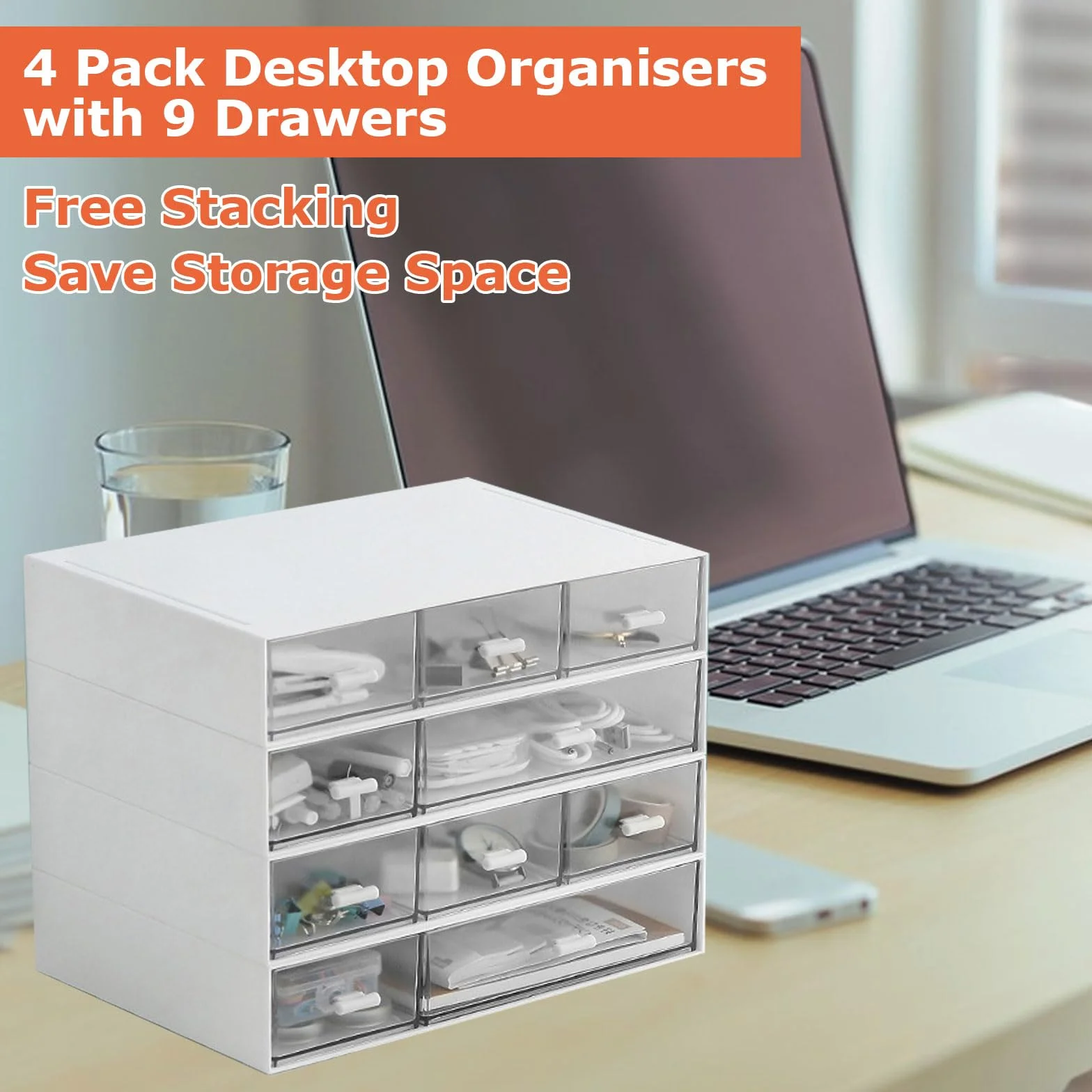 Organiseur de bureau empilable 9 tiroirs 4 niveaux rangement plastique blanc maquillage bijoux fournitures stylos