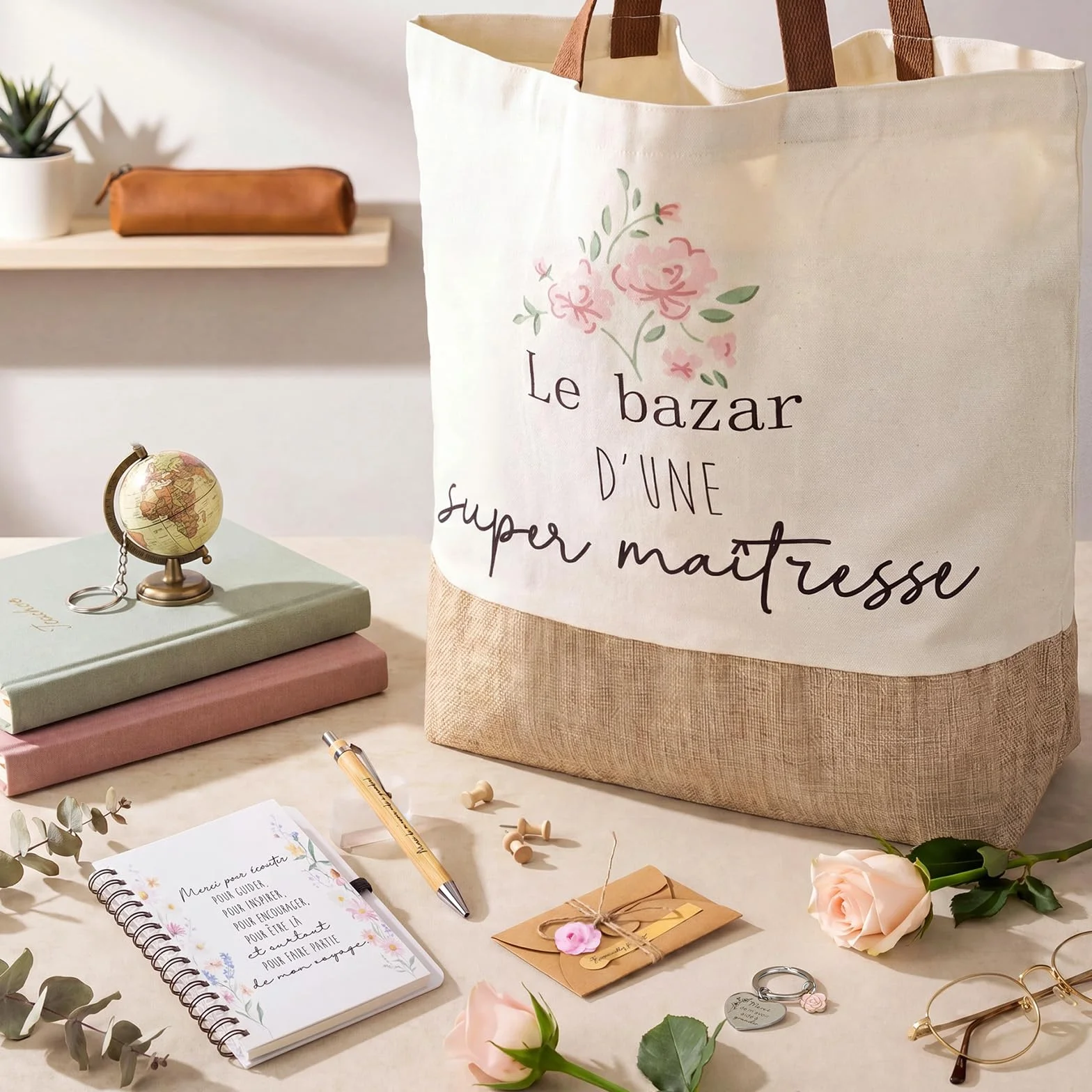 Sinmoe Cadeaux de Merci Maitresse Sac en Toile Porte-Clés Cahier Stylo Carte Enveloppe
