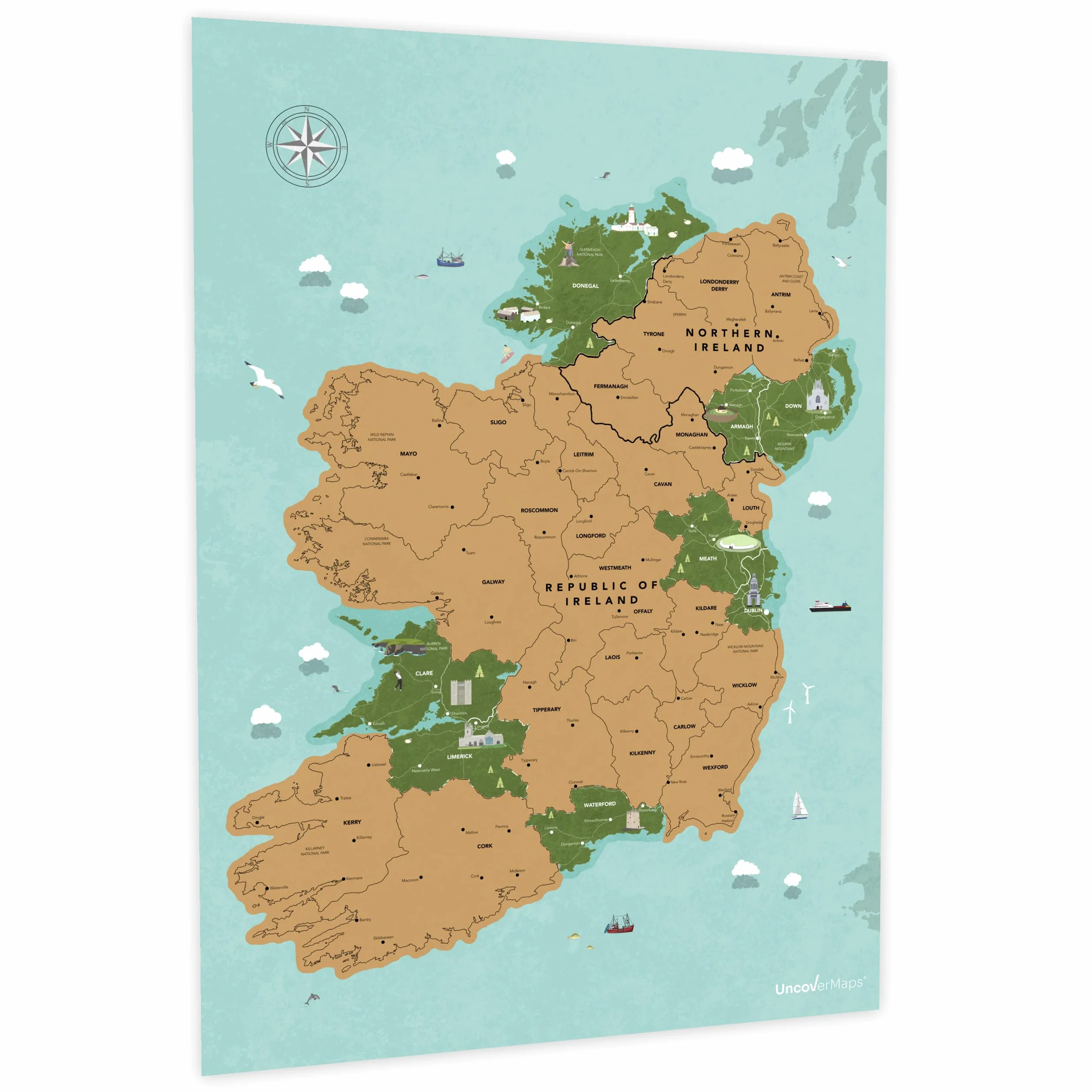 Uncover Maps Carte à gratter de l'île d'Irlande – Poster de voyage A2 avec monuments illustrés
