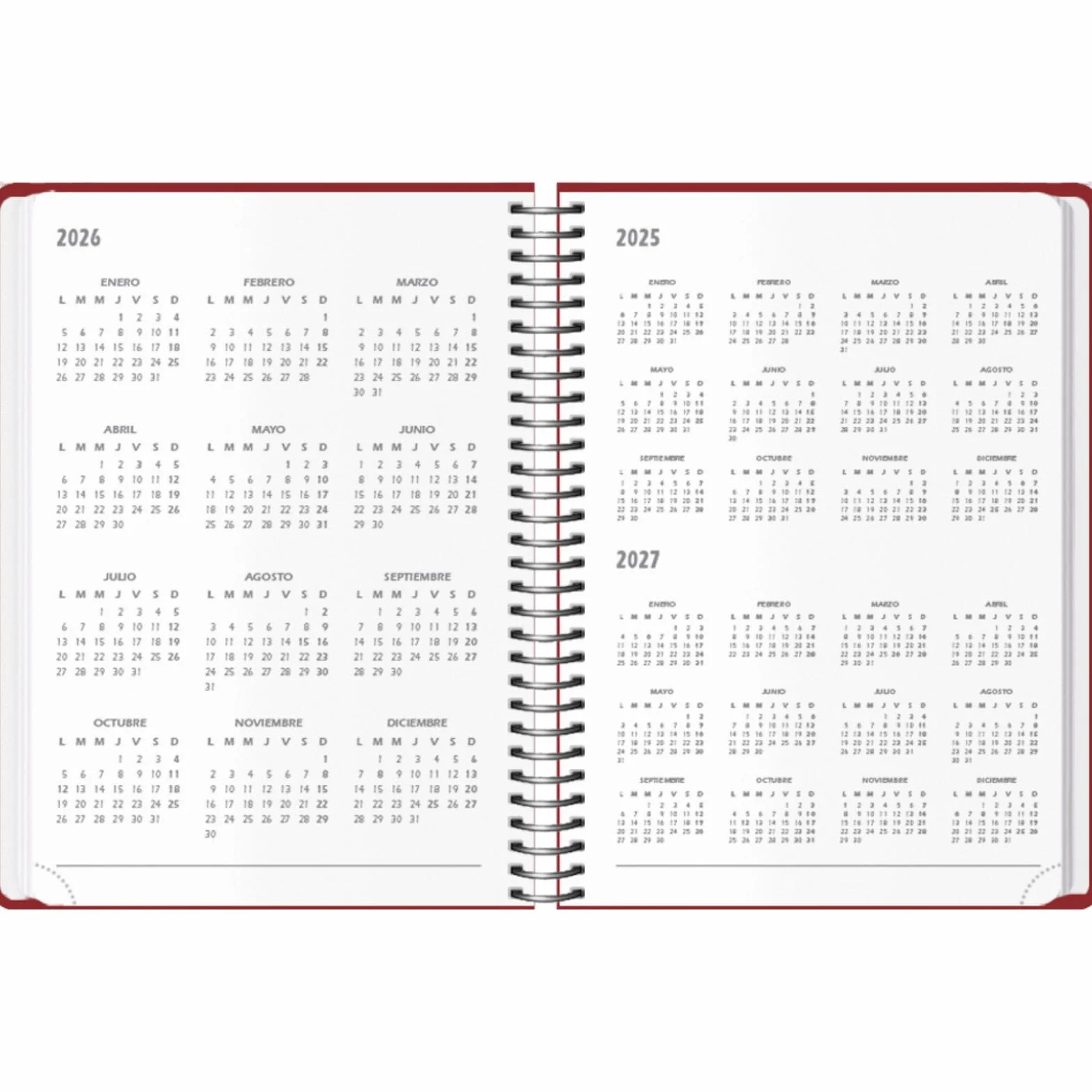 Agenda 2026 Jour par Page A5 14x20 cm Spirale Élastique 12 Mois Planificateur Annuel Espagnol Montana Bordeaux