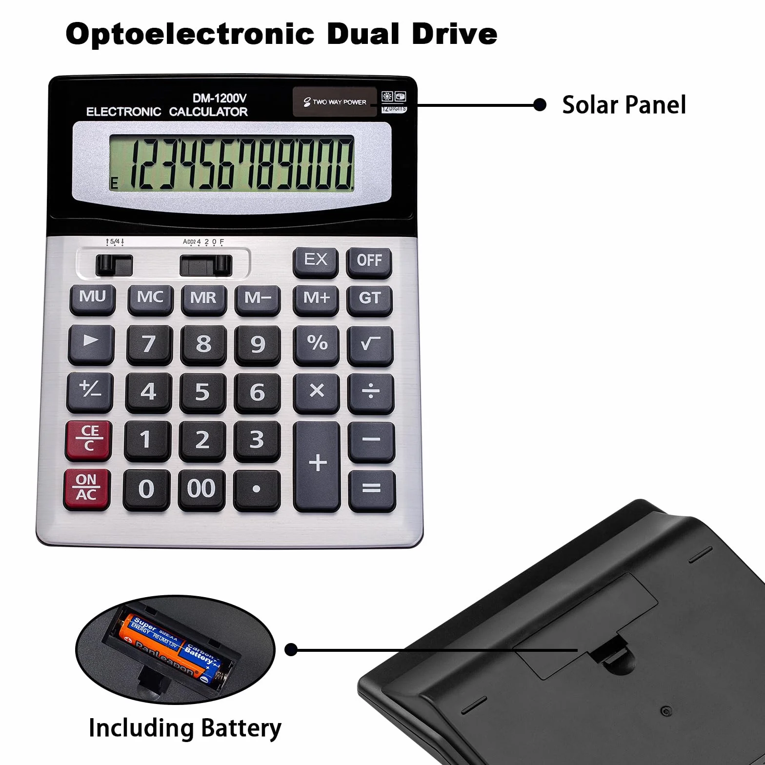 Calculatrice de bureau 12 chiffres grand écran LCD double énergie solaire et batterie YE1200V