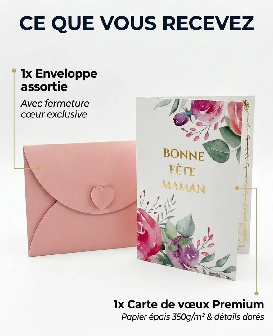Carte de Vœux Bonne Fête Maman avec Enveloppe Nacrée Fermoir Cœur Motif Floral Aquarelle - Cadeau Fête des Mères