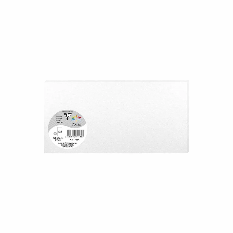 Clairefontaine Cartes Simples DL 10,6x21,3cm 210g/m² Blanc Irisé Papier Premium Lisse Paquet de 25