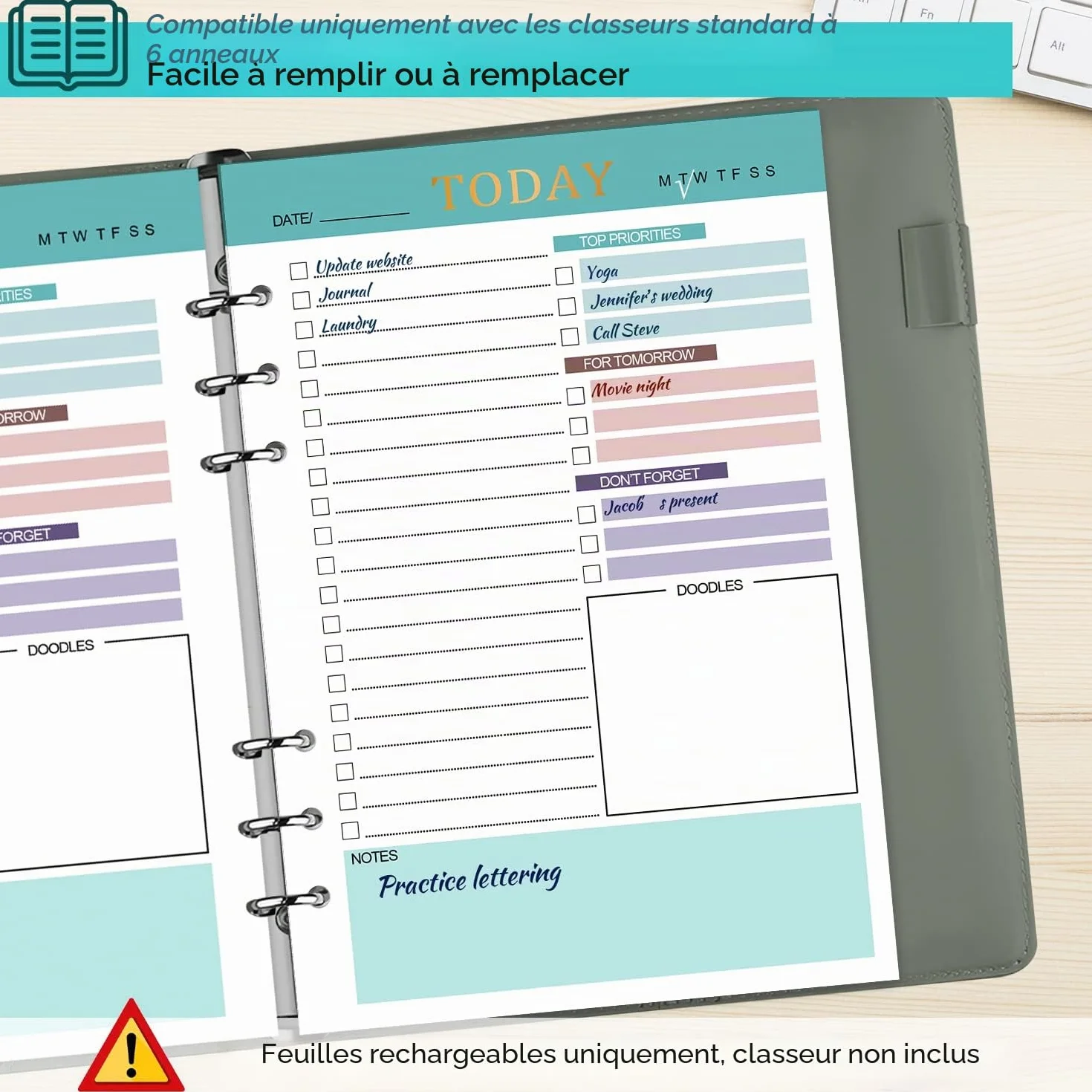 A5 Rechargeable Daily Planner 3 Paquets 150 Feuilles To Do List Non Daté Vert