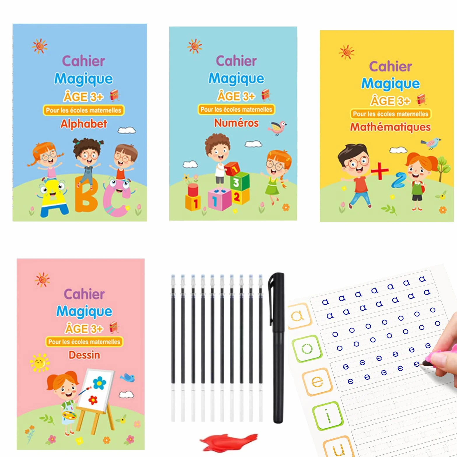 Magic Practice Scribe Book Set Enfant Réutilisé 4 Livres Calligraphie Magique Stylo Recharges Grip Guide Doigts 3-5 Ans