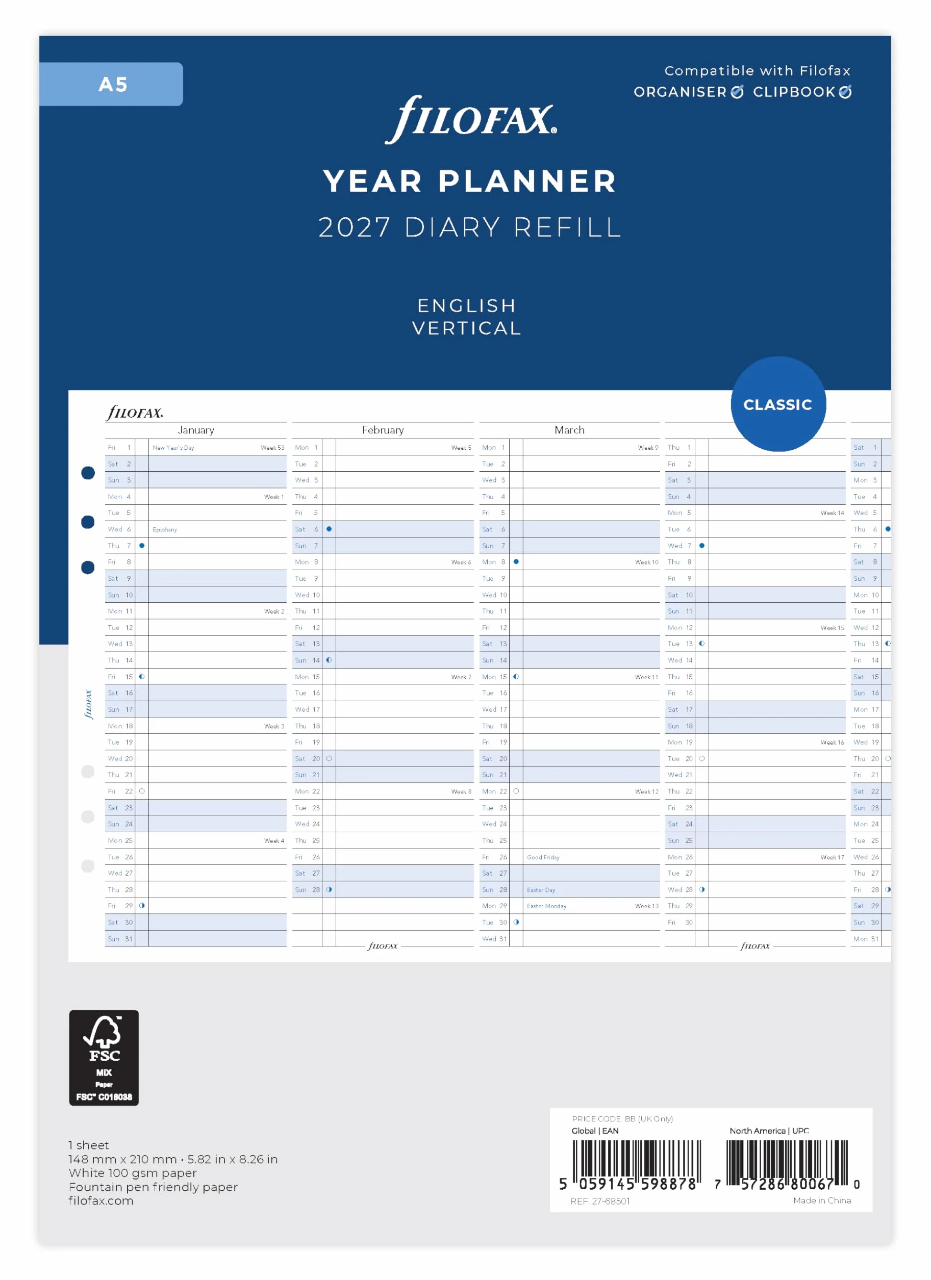 Filofax Agenda annuel vertical 2027 A5
