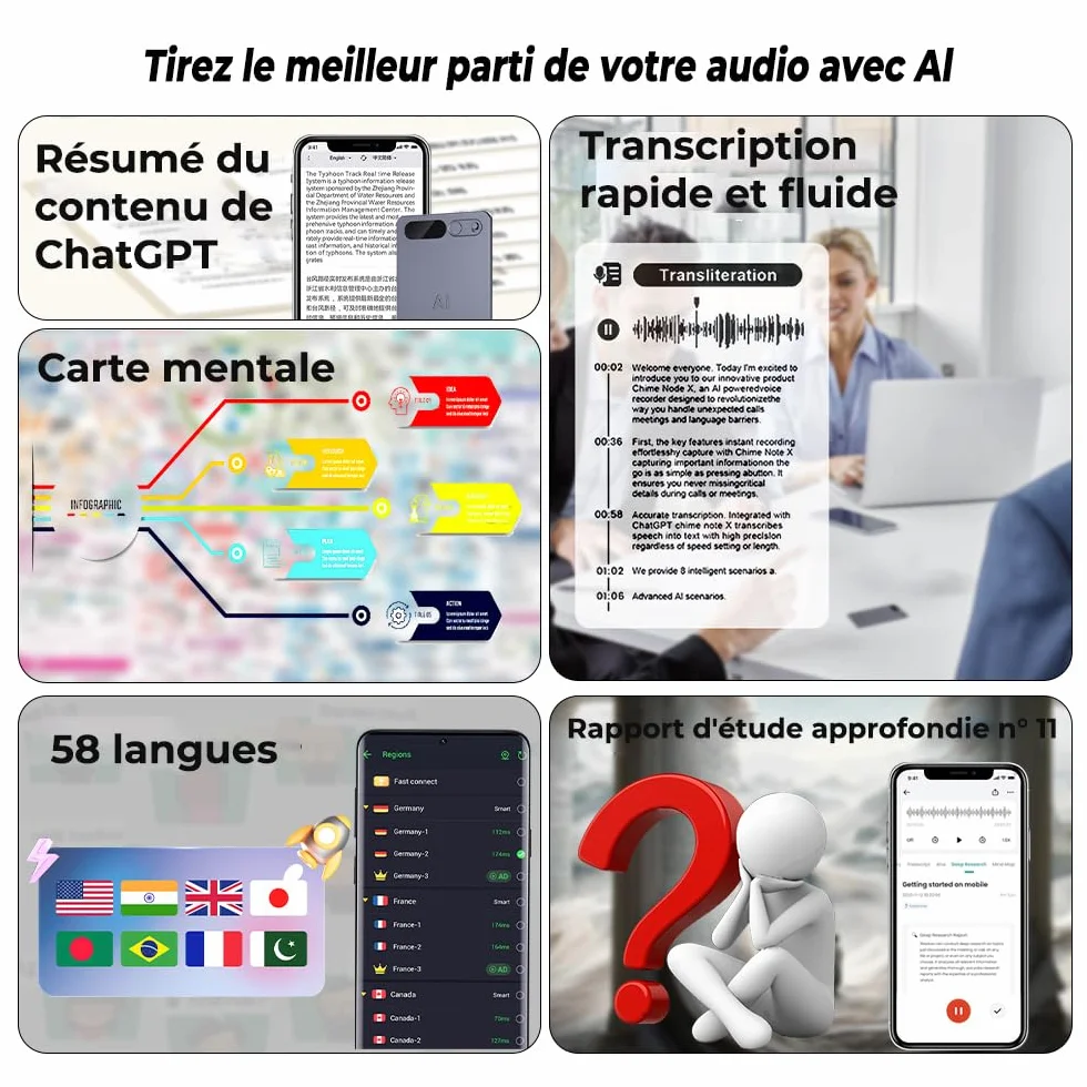 Micro Espion Enregistreur Vocal IA Dictaphone Numérique 35 Heures Transcription Résumé Conférences Réunions Appels Étui Inclus