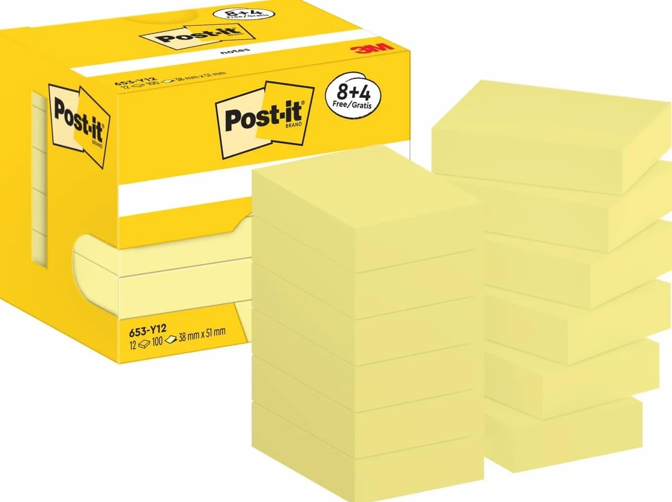 Post-it Notes Autocollantes, Pack Promo 12 Blocs, 100 Feuilles par Bloc, 38 mm x 51 mm, Jaune Pastel