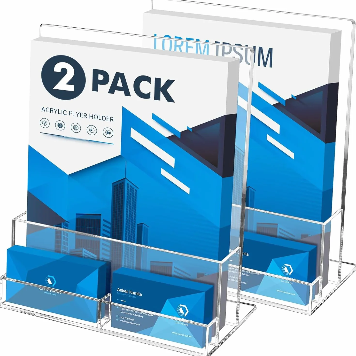 Lot de 2 porte-brochures A4 en acrylique transparent avec porte-cartes de visite intégré