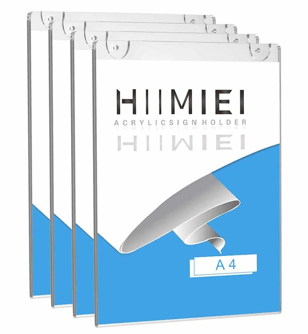 Lot de 4 supports muraux en acrylique A4, cadres publicitaires transparents avec ruban adhésif 3M et vis