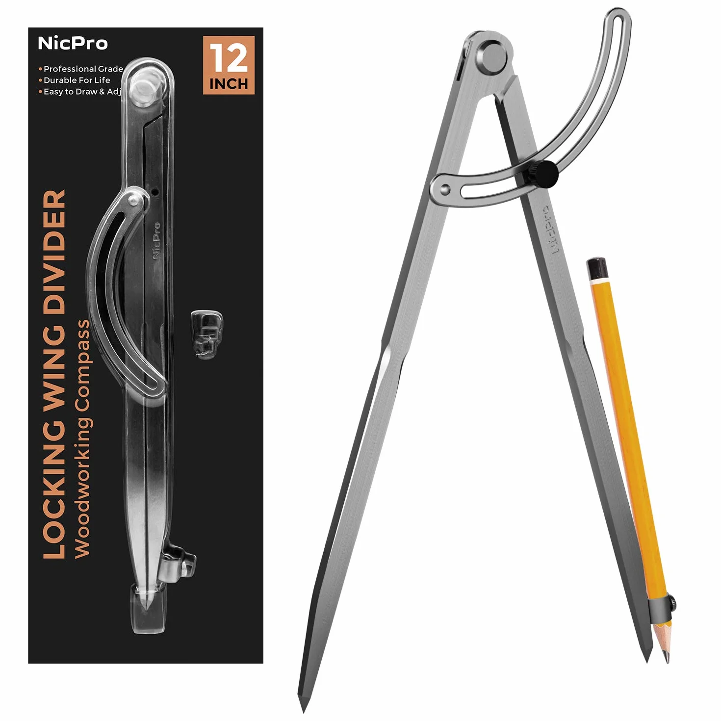 Nicpro Compas 12 pouces pour le Travail du Bois avec Aile et Porte-Crayon