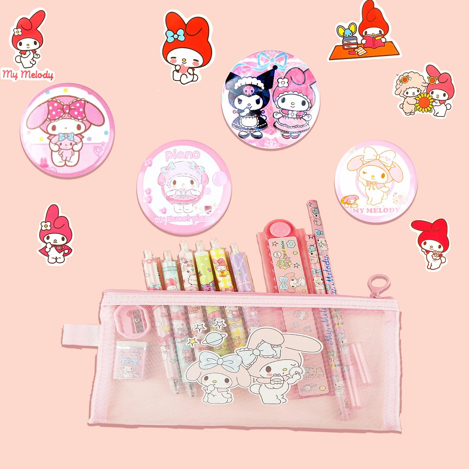 Ensemble Kawaii Mel-dy avec stylos, autocollants, trousse rose pour rentrée scolaire