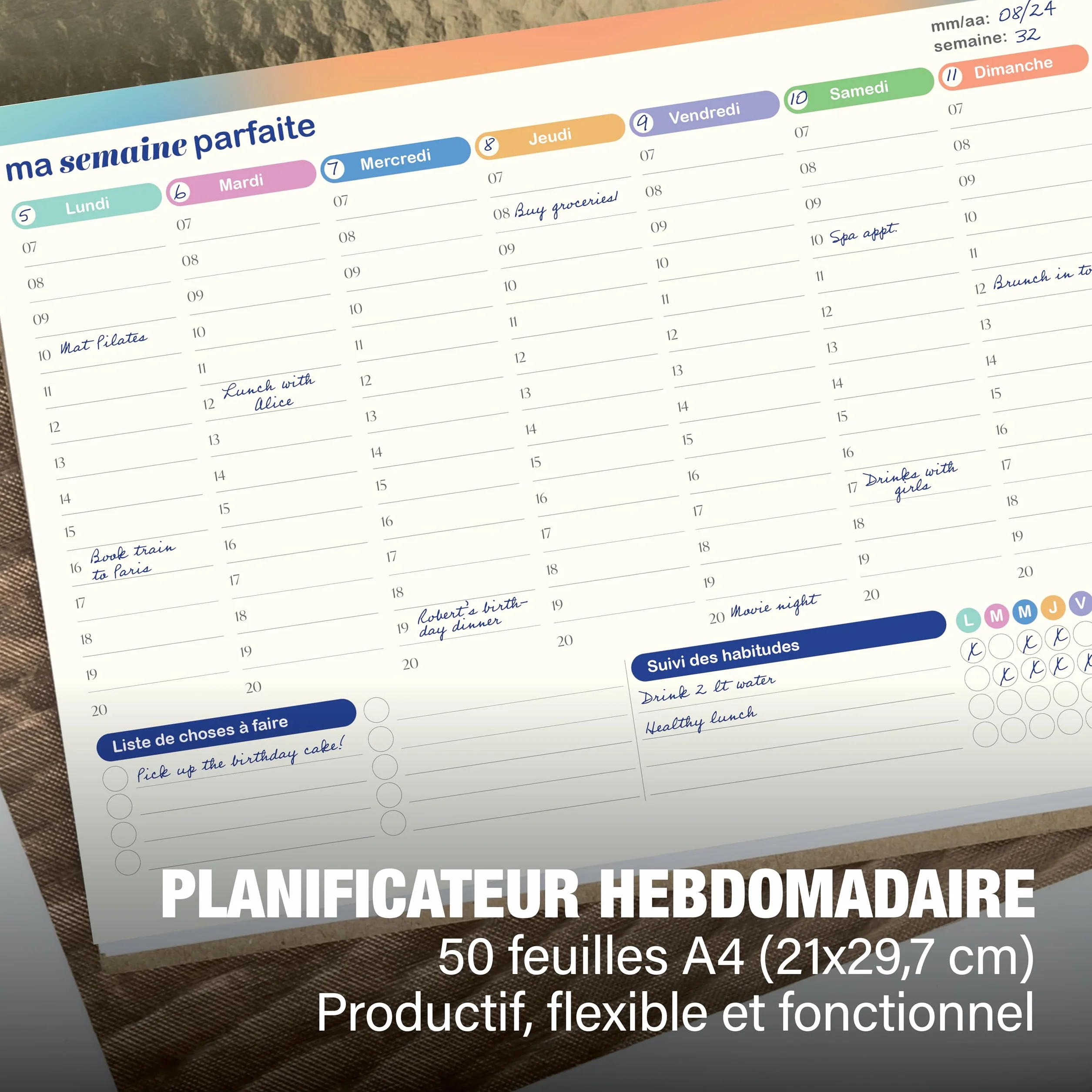 Lot de 50 feuilles de planificateur hebdomadaire A4 29,7 x 21 cm - Sous-main de bureau - Liste des tâches - Suivi des habitudes - Sans date fixe (français)