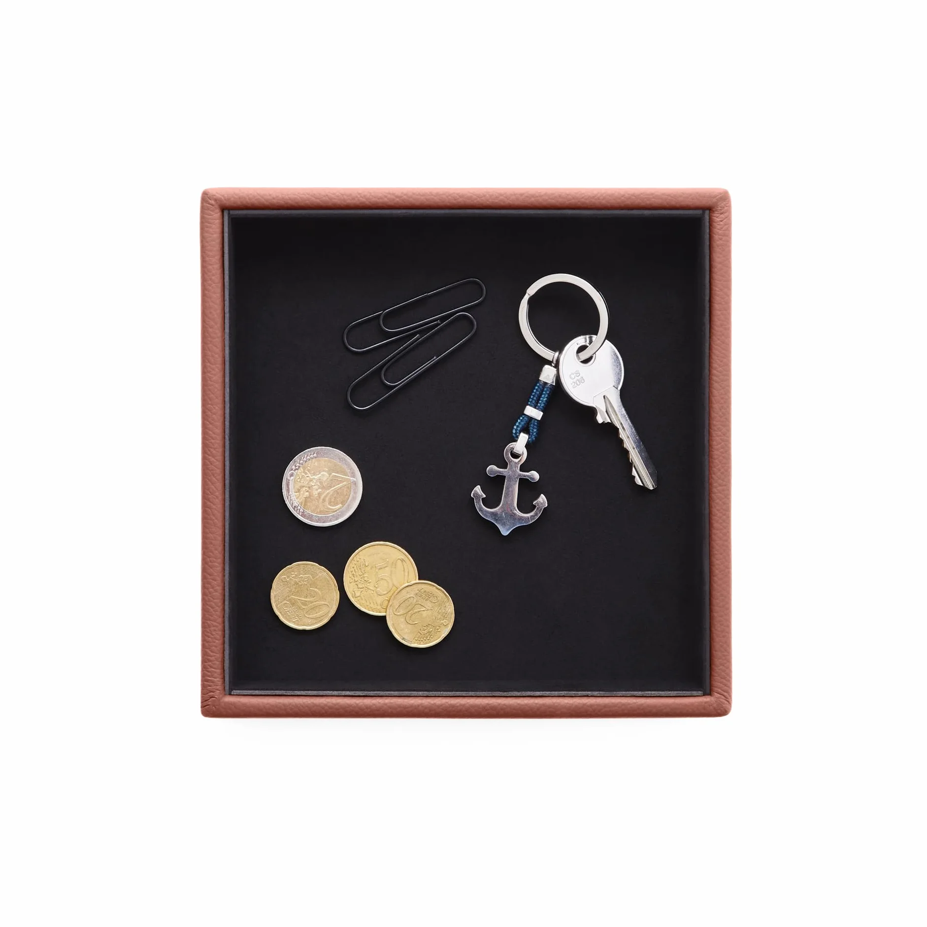 Atena Vide Poche Cuir Véritable Marron Orange Organiseur de Bureau Design Moderne Plateau de Rangement Clés Pièces Monnaie Bijoux 16,5 x 16,5 cm Made in Italy