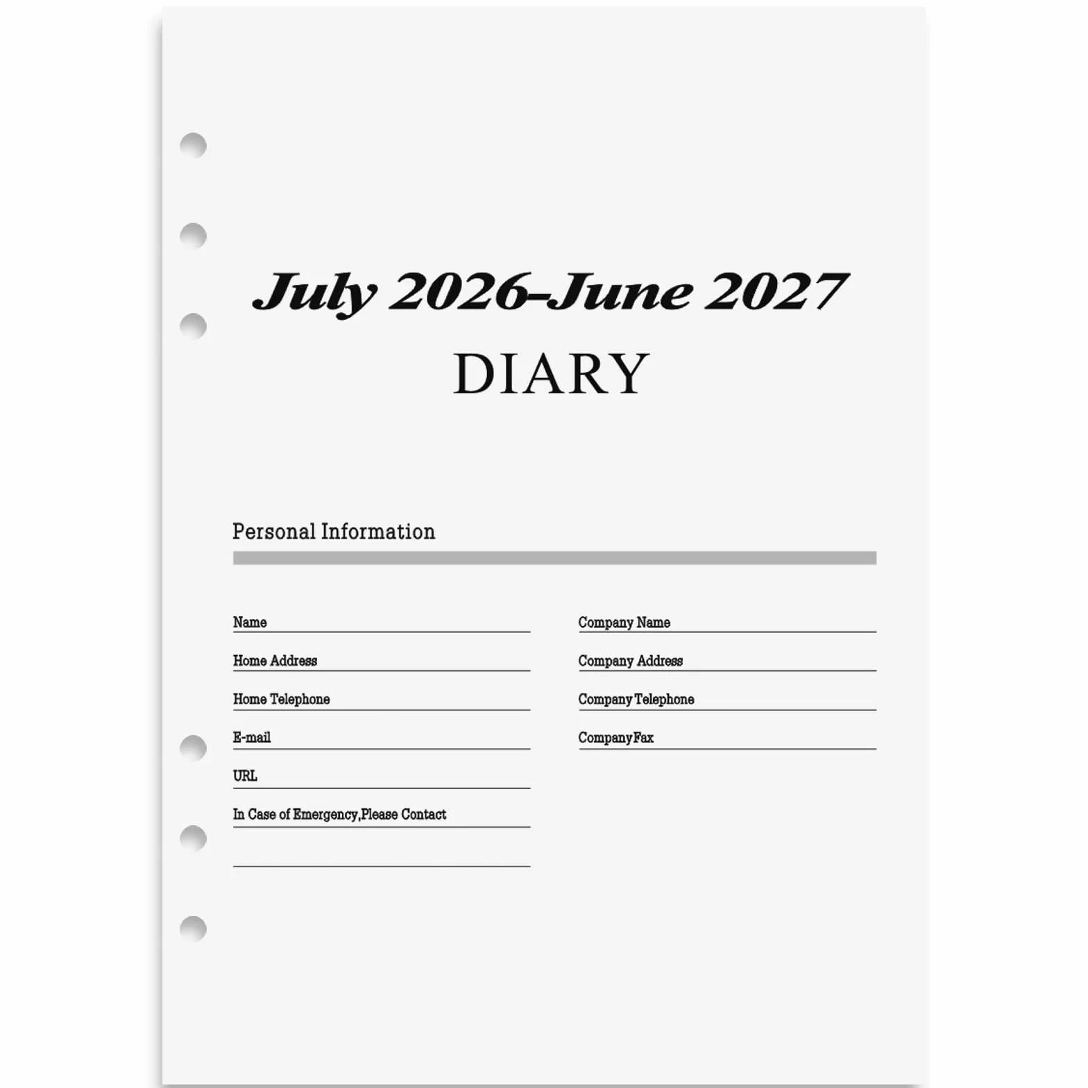 Agenda Hebdomadaire 2026-2027 A5 Recharges Calendrier 6 Trous Juillet 2026 à Juin 2027 Planning Mensuel 100 g/m²