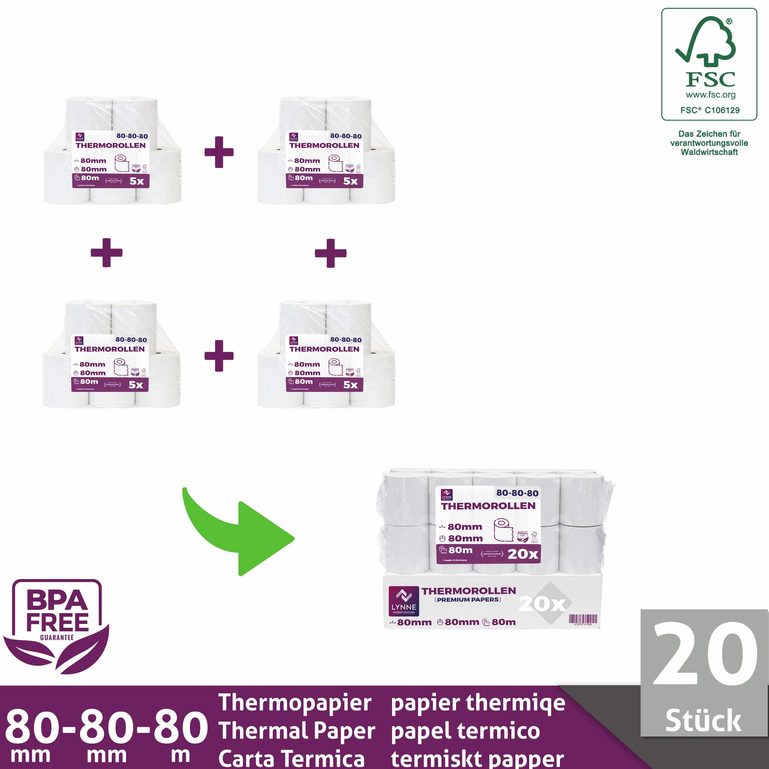 Rouleau Thermique 80x80x12 Bobine 80x80 pour Imprimante Thermique 80mm x 80m x 12mm Sans BPA
