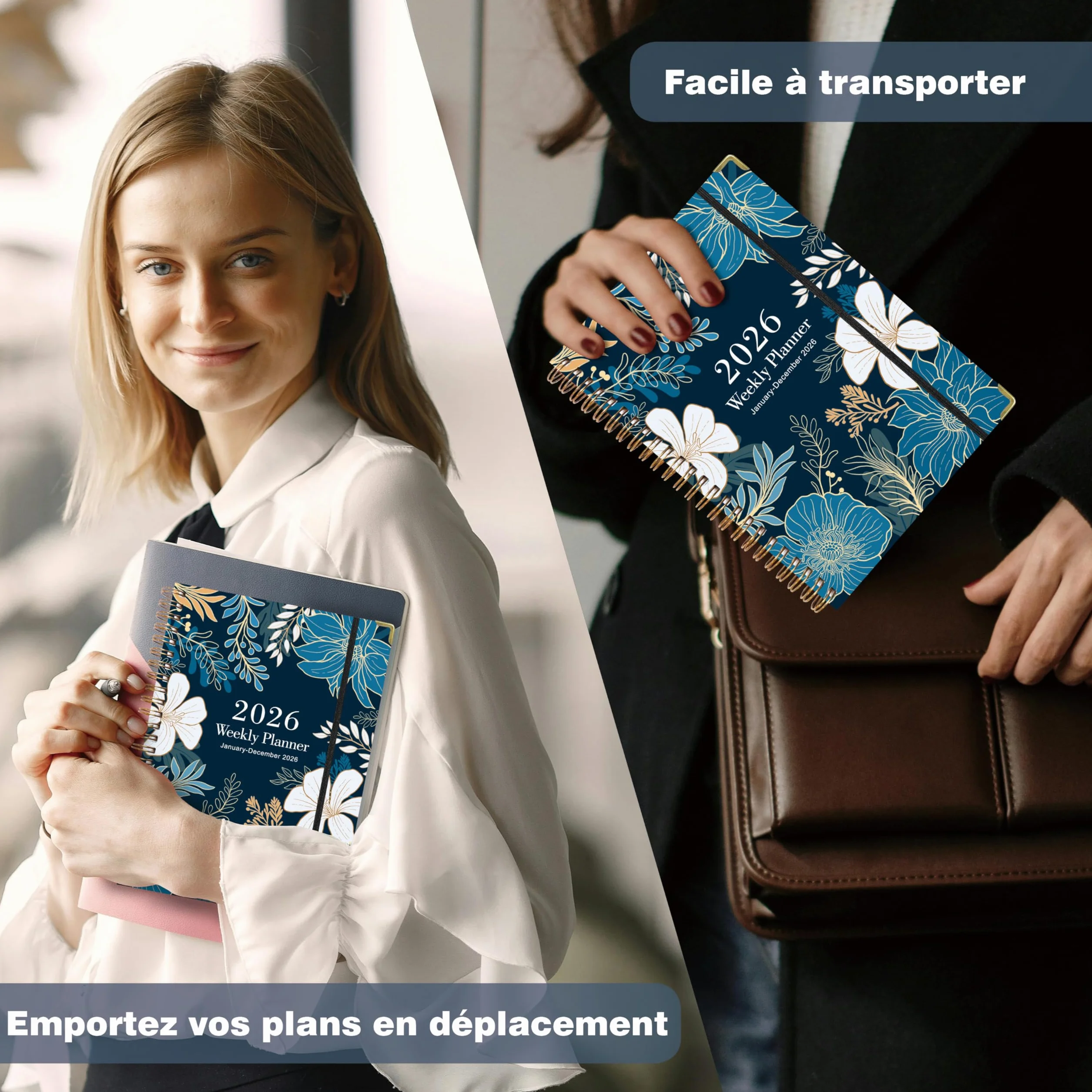 NEYSA Agenda 2026 Semainier Spirale A5 Janvier à Décembre 12 Mois avec Boucle de Stylo, Règle Signet & Autocollants de Plan Bleu et Blanc
