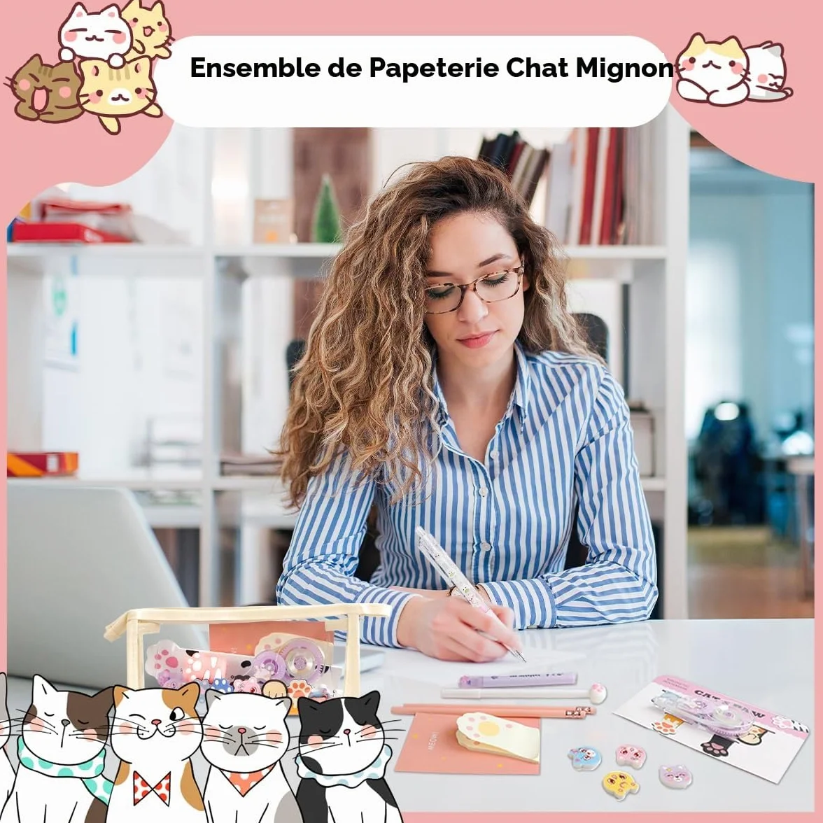 Kit Papeterie Patte de Chat 19 PCS Mini Rouleau à Crayons Ruban Correcteur Notes Adhésives Signets Magnétiques Stylos Pointeurs Gomme Règle Surligneurs
