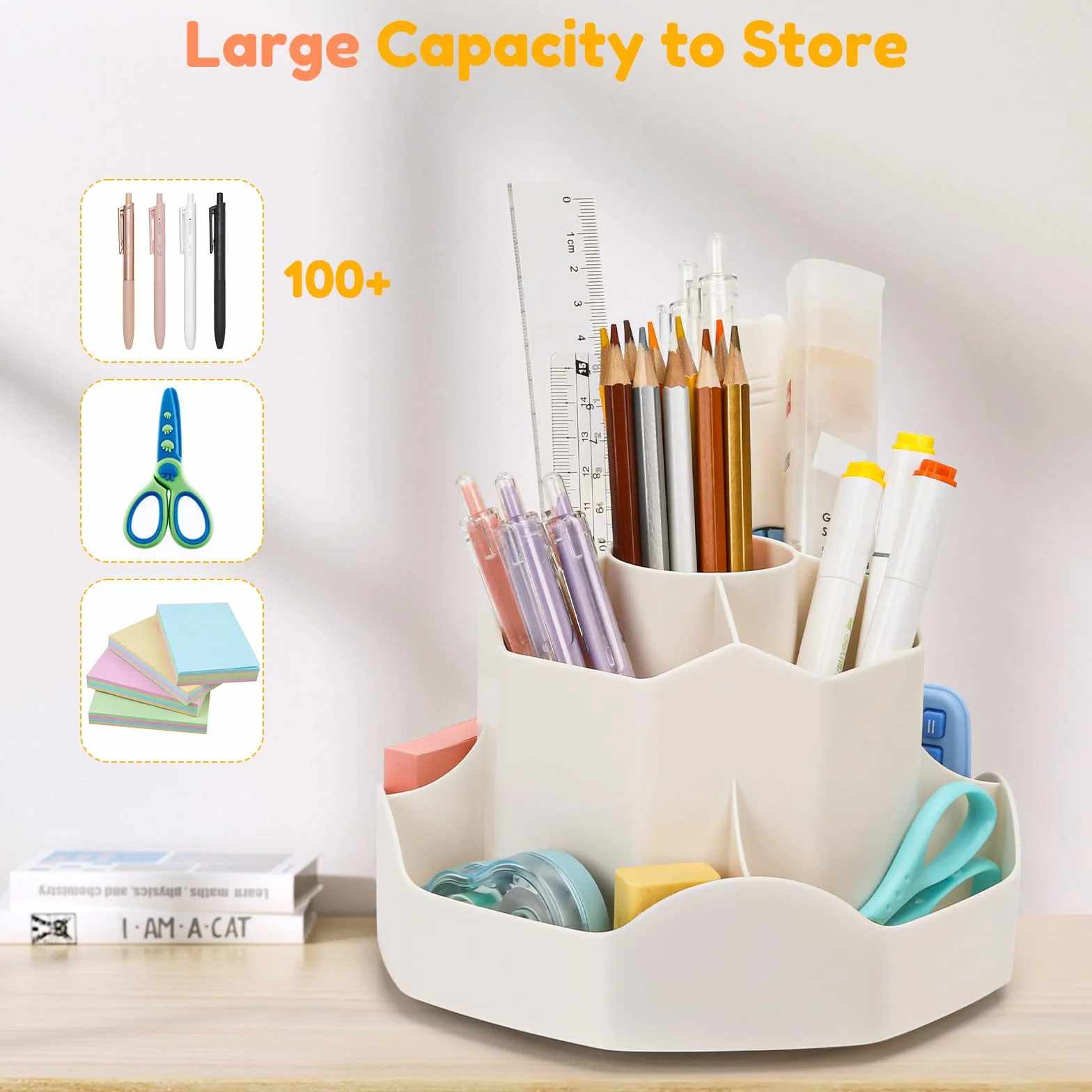 Euqvunn Organisateur de Bureau Rotatif, Pot à Crayon 9 Compartiments, Rangement Bureau 360° Porte Stylo Beige