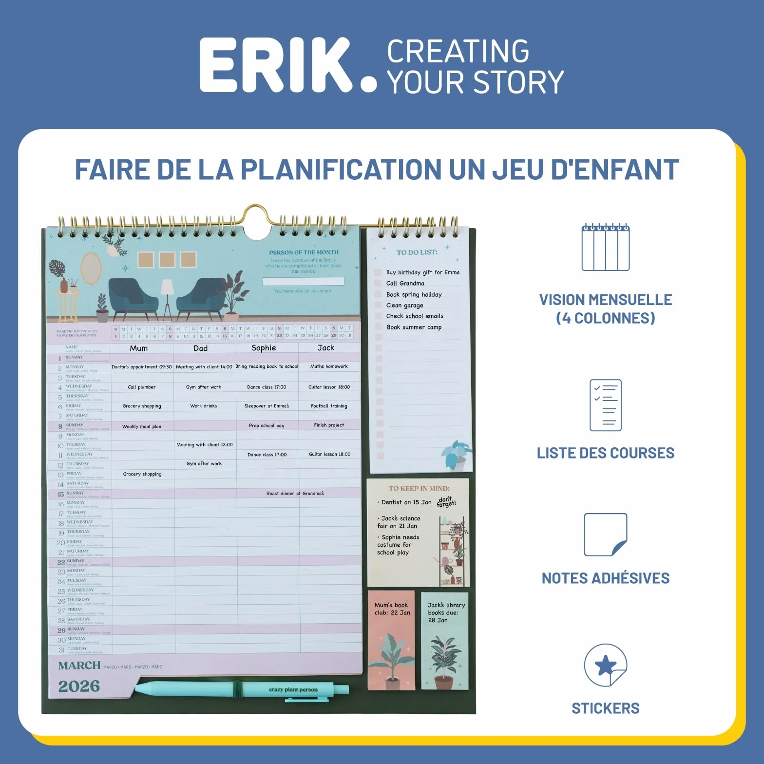 Grupo Erik Calendrier Plantes 16 mois Septembre 2025 à Décembre 2026 Planificateur Mensuel Familial avec Crochet