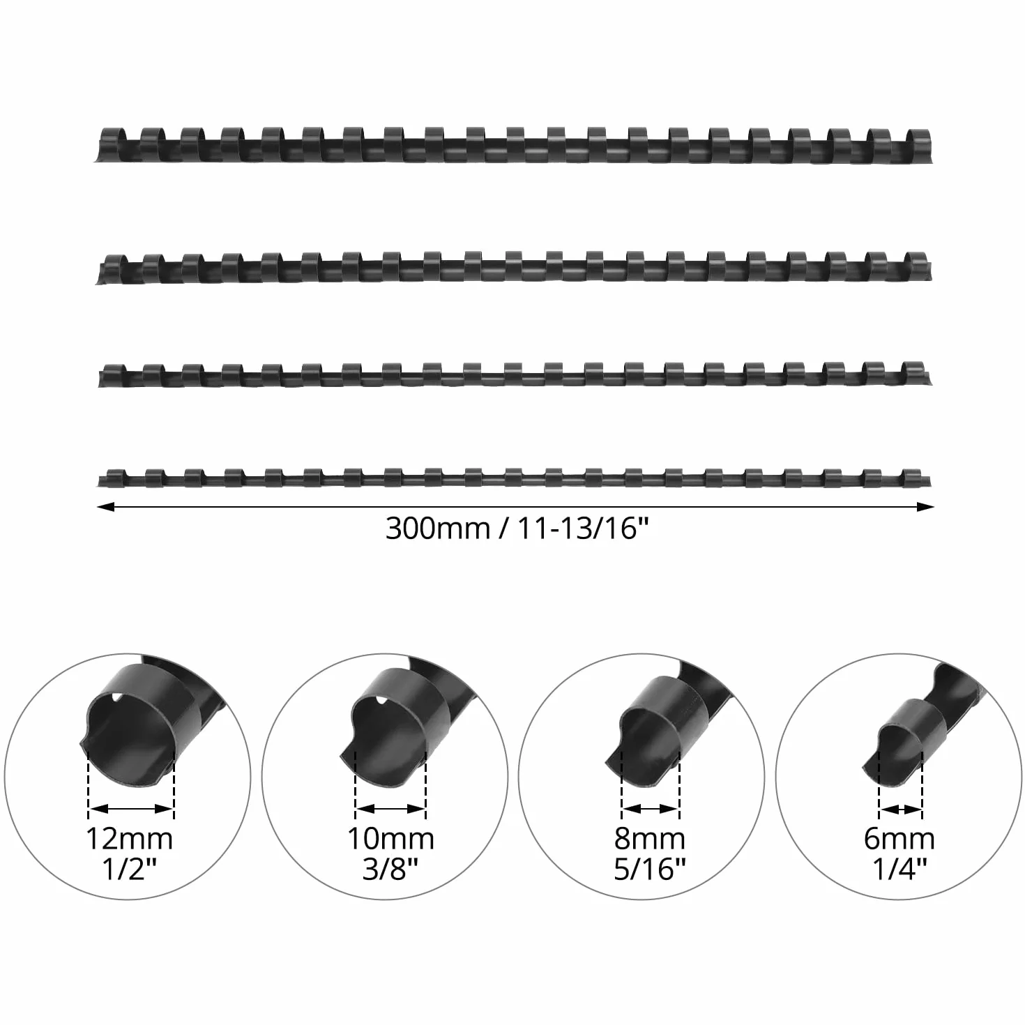 QWORK Pack de 200 Peignes de Reliure A4, 21 Anneaux, Tailles 6/8/10/12 mm, 20-80 Feuilles