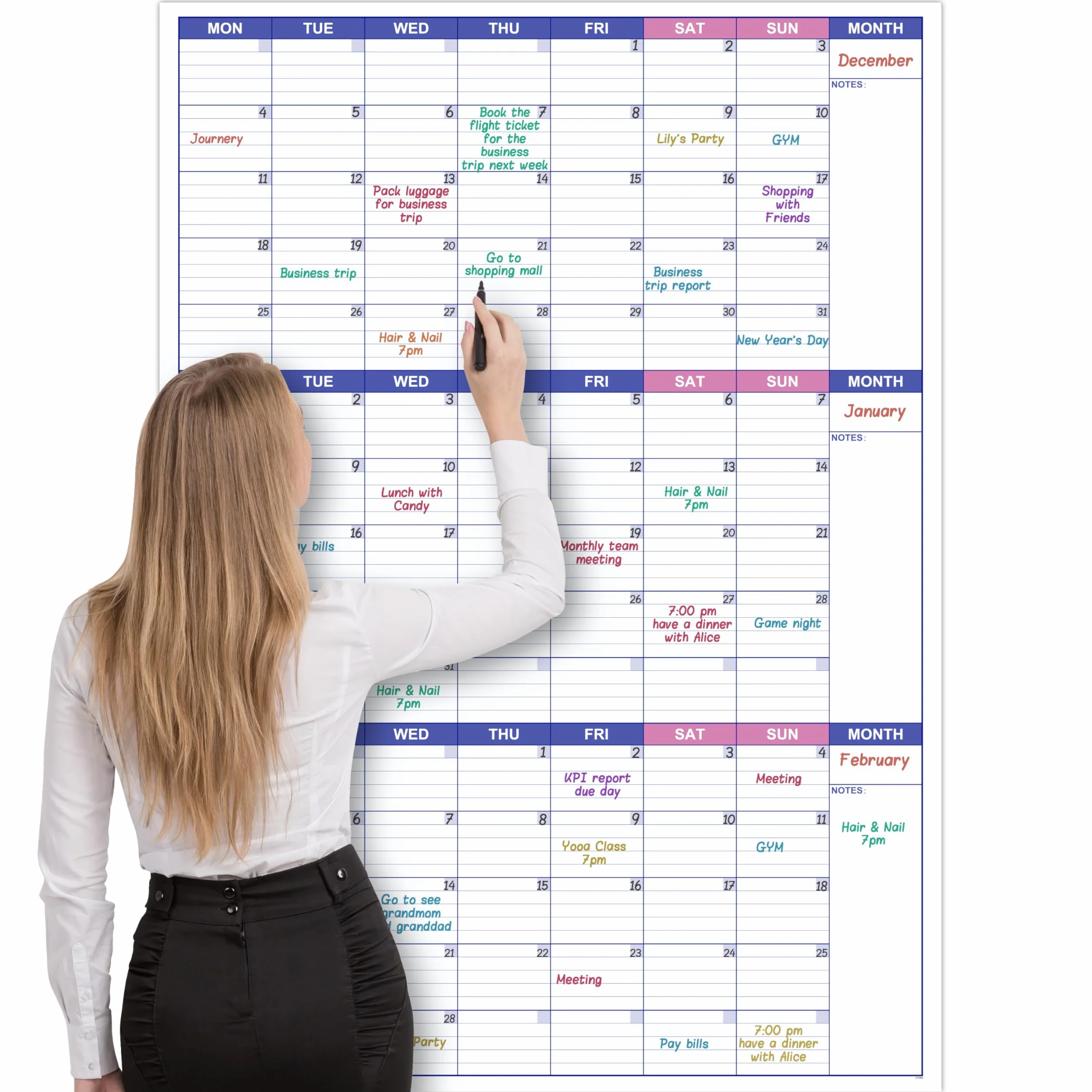 Grand calendrier mural non daté effaçable à sec réutilisable 101 x 73 cm planificateur trois mois organisateur objectifs tâches maison bureau