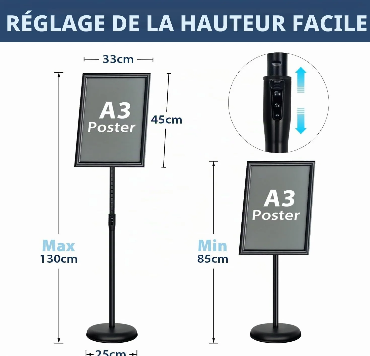 Porte-affiche en aluminium réglable avec base en métal robuste, présentoir publicitaire (Noir, A3)