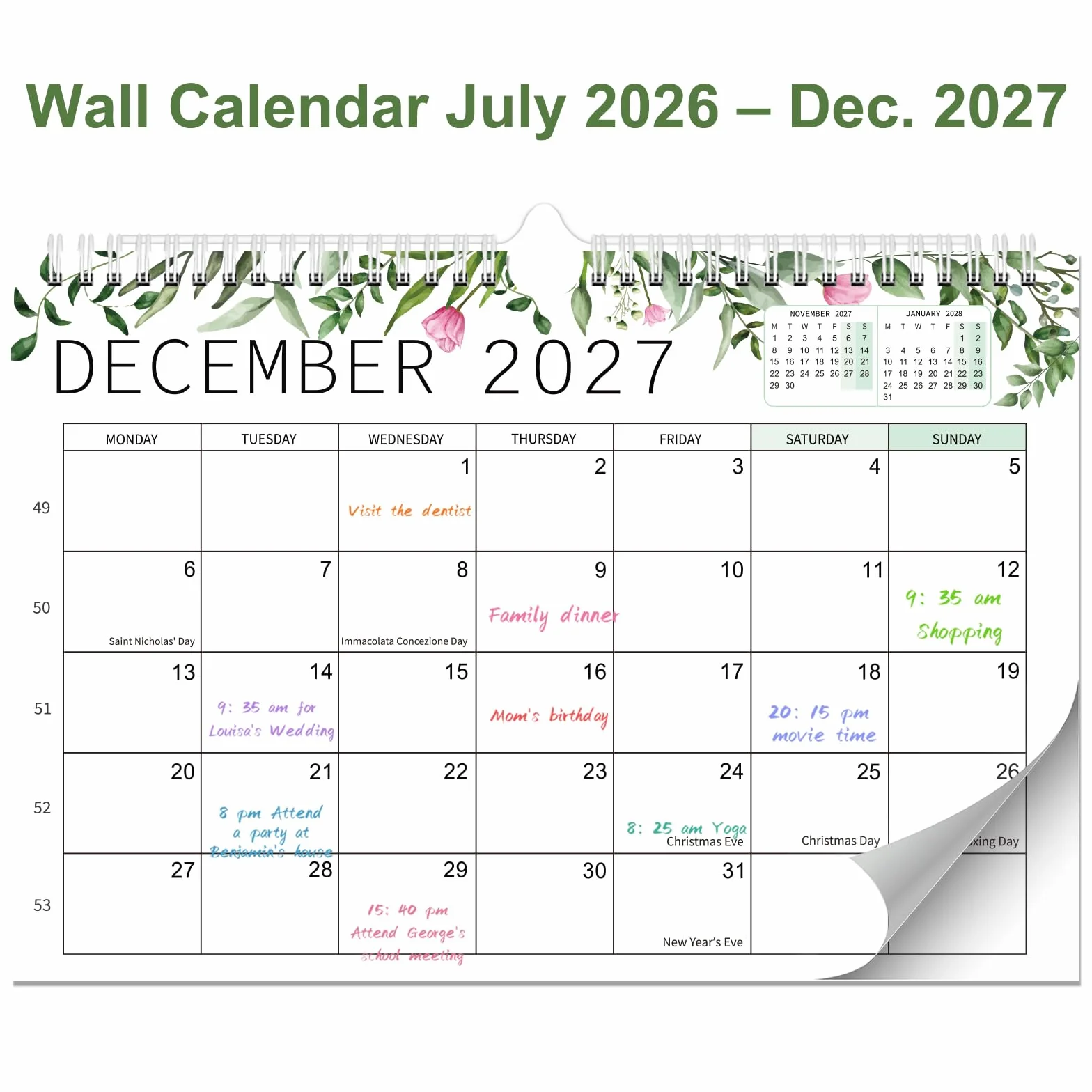 Calendrier Mural 2026/2027 18 Mois Juillet 2026 à Décembre 2027 Familial
