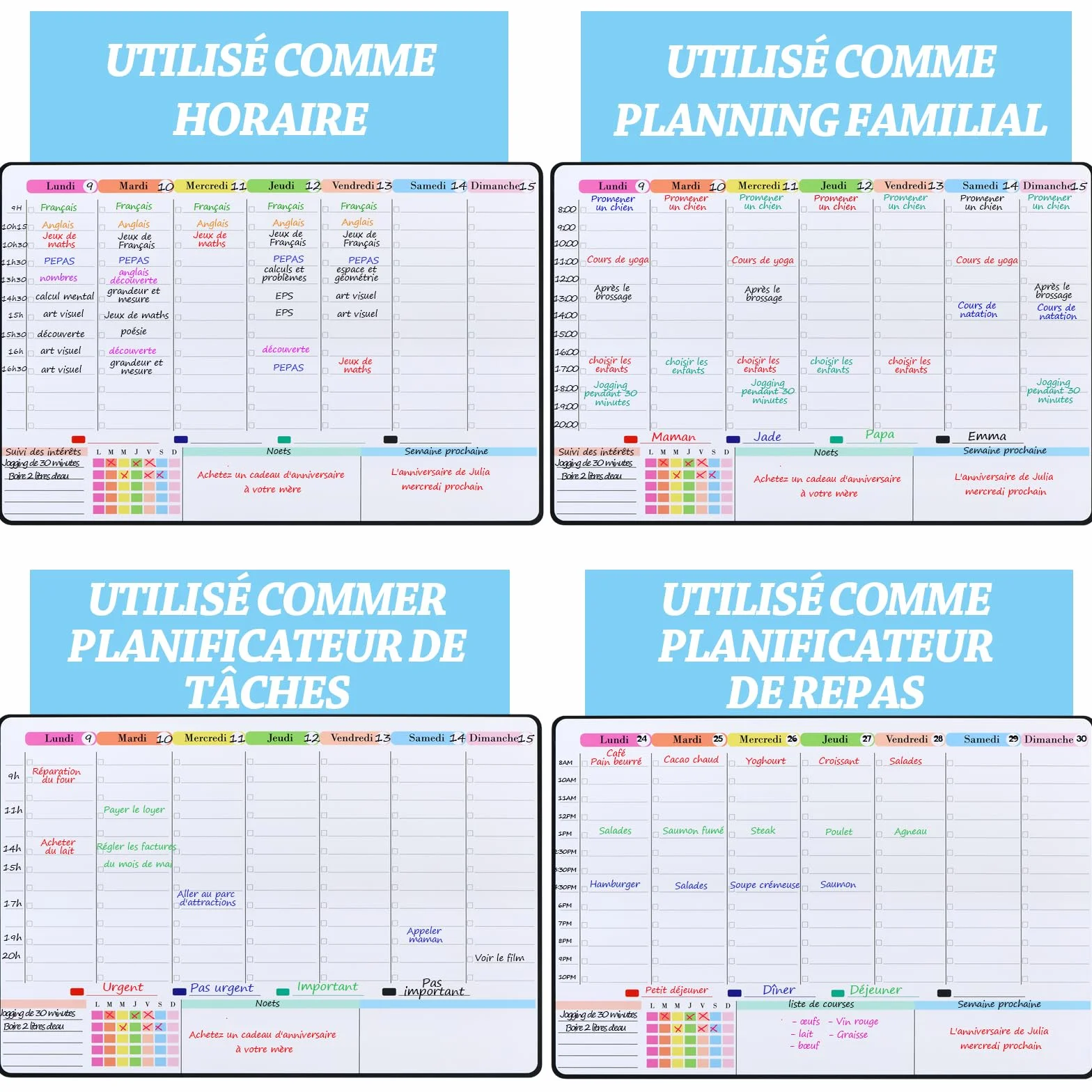 POPRUN Tableau Blanc Effaçable Magnétique 42×28 cm, Calendrier Frigo Planning Semaine Organisateur Hebdomadaire