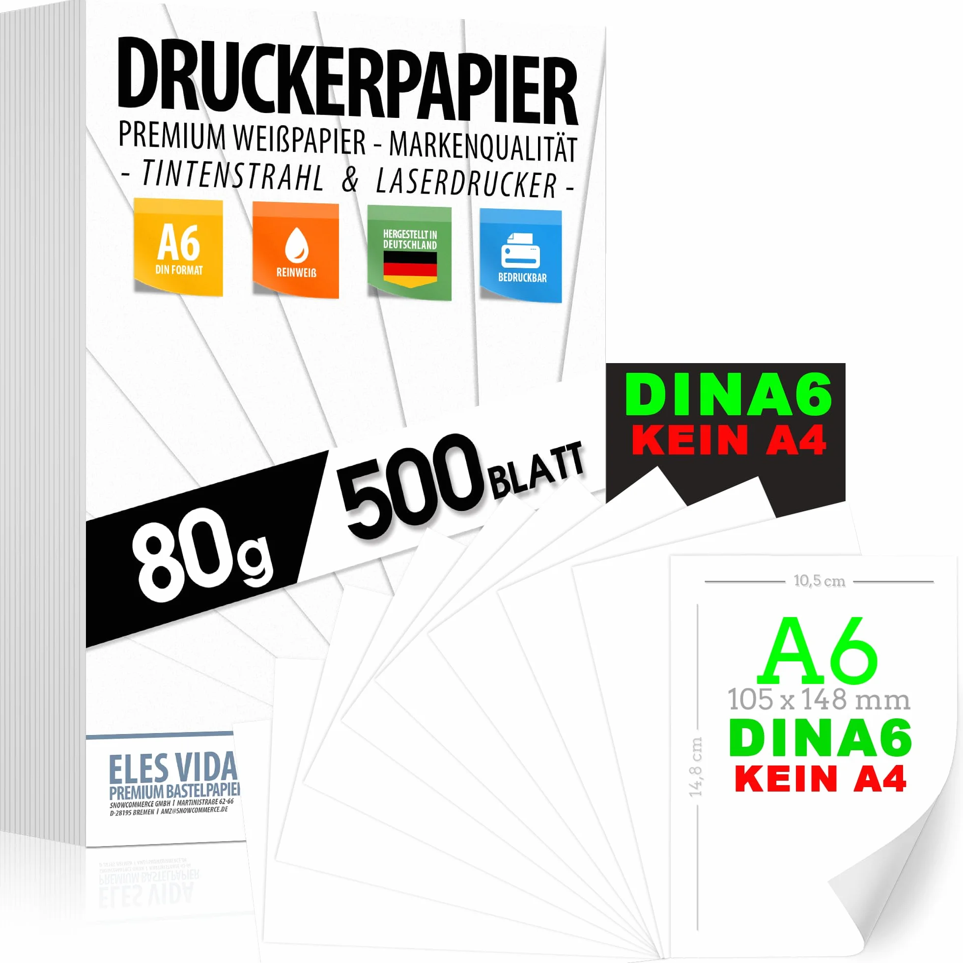 Papier imprimante 80g A6 blanc 500 feuilles 10,5 x 14,8 cm - Papier copie laser jet d'encre