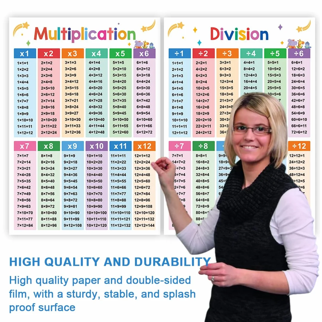 Affiches éducatives laminées de mathématiques, tables de multiplication et division pour enfants
