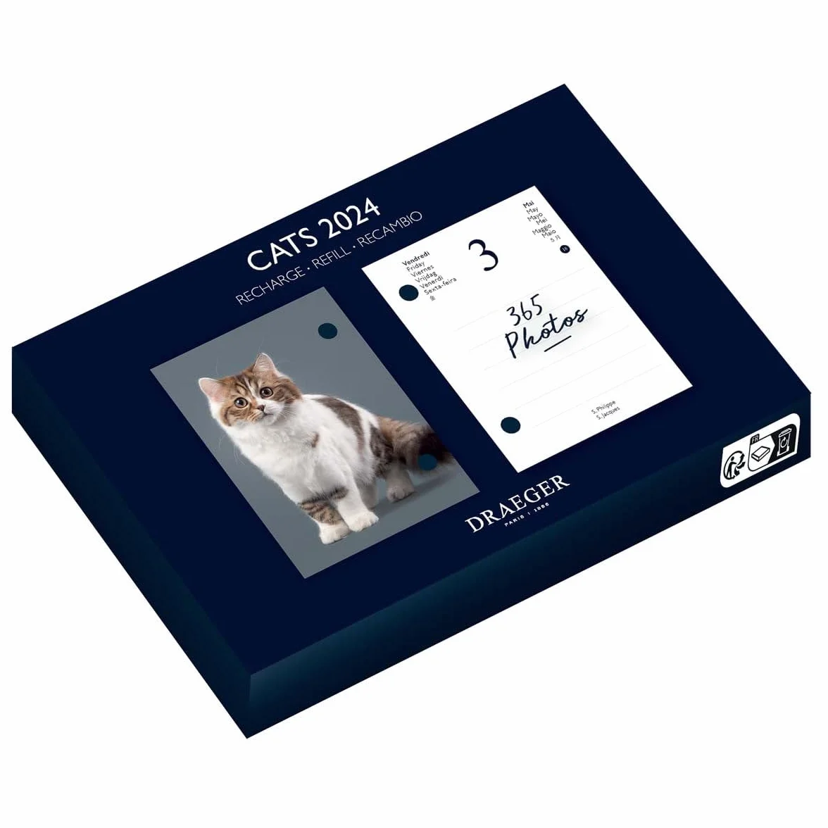DRAEGER PARIS 1886 Recharge Éphéméride Agenda Yvon 2024-365 Feuillets Photos Chats Multilingue Français Anglais Espagnol Compatible Socle Bambou 11x1.5x16cm