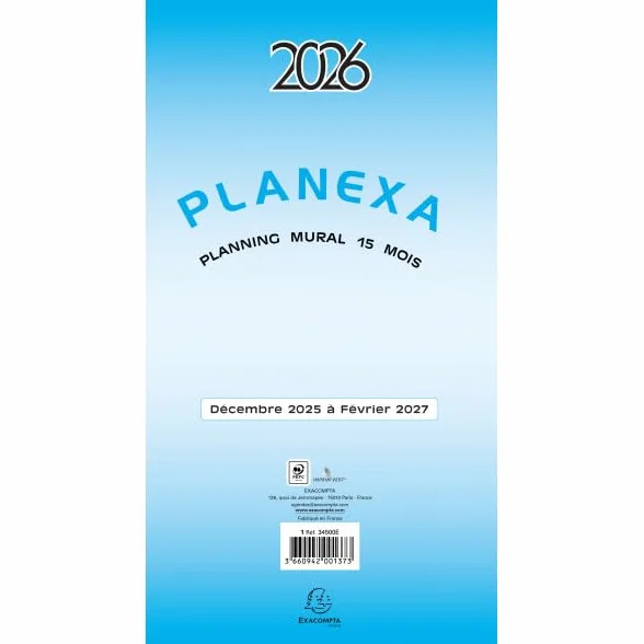 Exacompta Planexa 5 volets 18 x 33 cm Décembre 2025 à février 2027