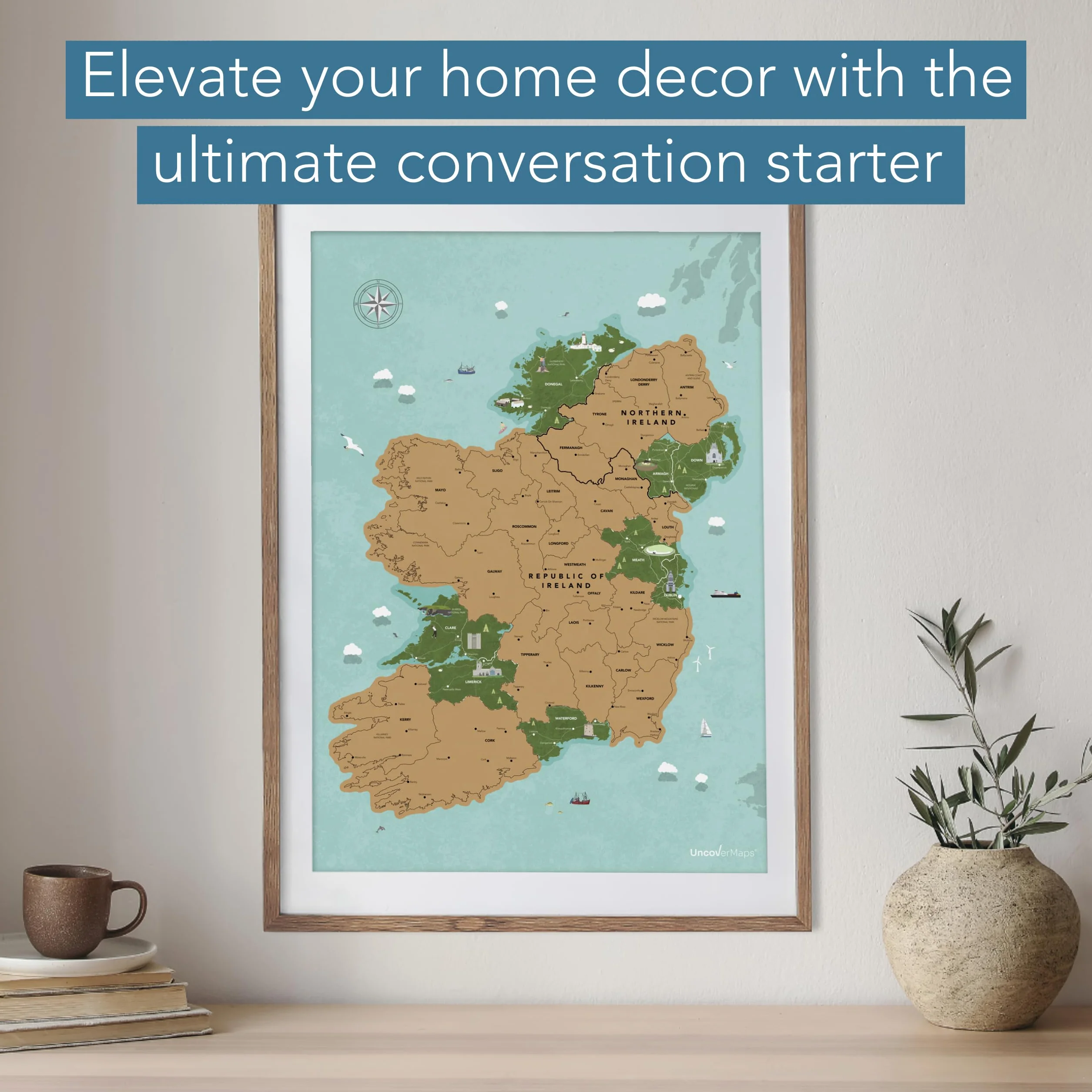Uncover Maps Carte à gratter de l'île d'Irlande – Poster de voyage A2 avec monuments illustrés