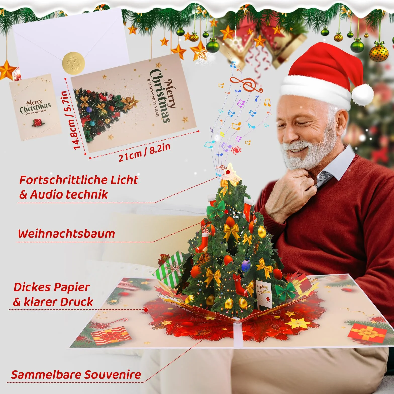 Carte de Noël pop-up avec musique et lumière arbre de Noël 3D cadeau