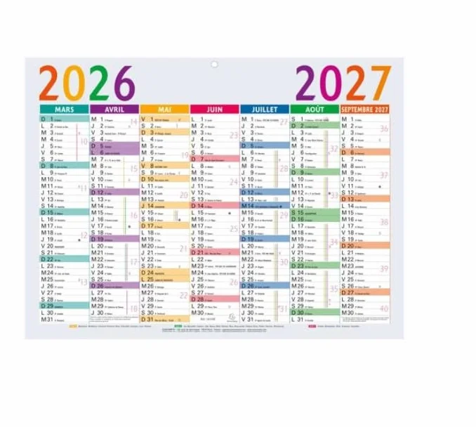 Exacompta 34310E Calendrier Multicolore 29,5 x 22 cm 13 mois septembre 2026 à septembre 2027 Semaines numérotées