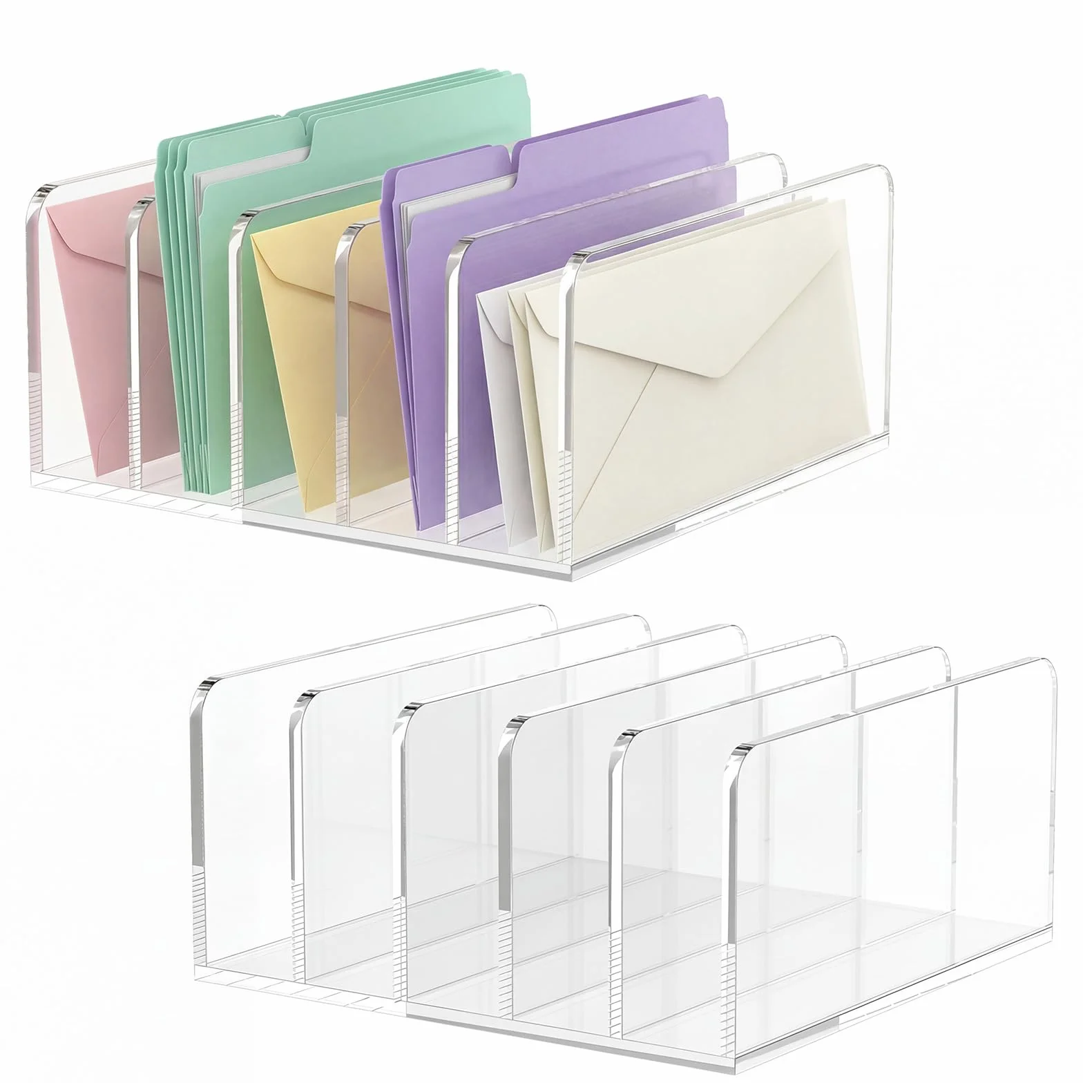 Trieur de Courrier en Acrylique 2 Pièces Letter Holder 5 Compartiments Organiseur de Bureau Transparent